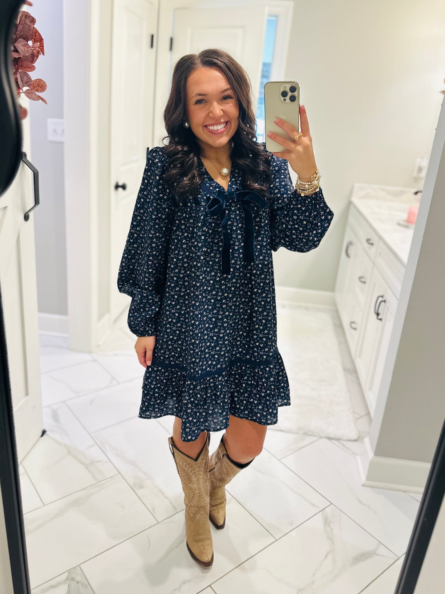 The Rhea Navy Floral Long Sleeve Bow Detail Dress