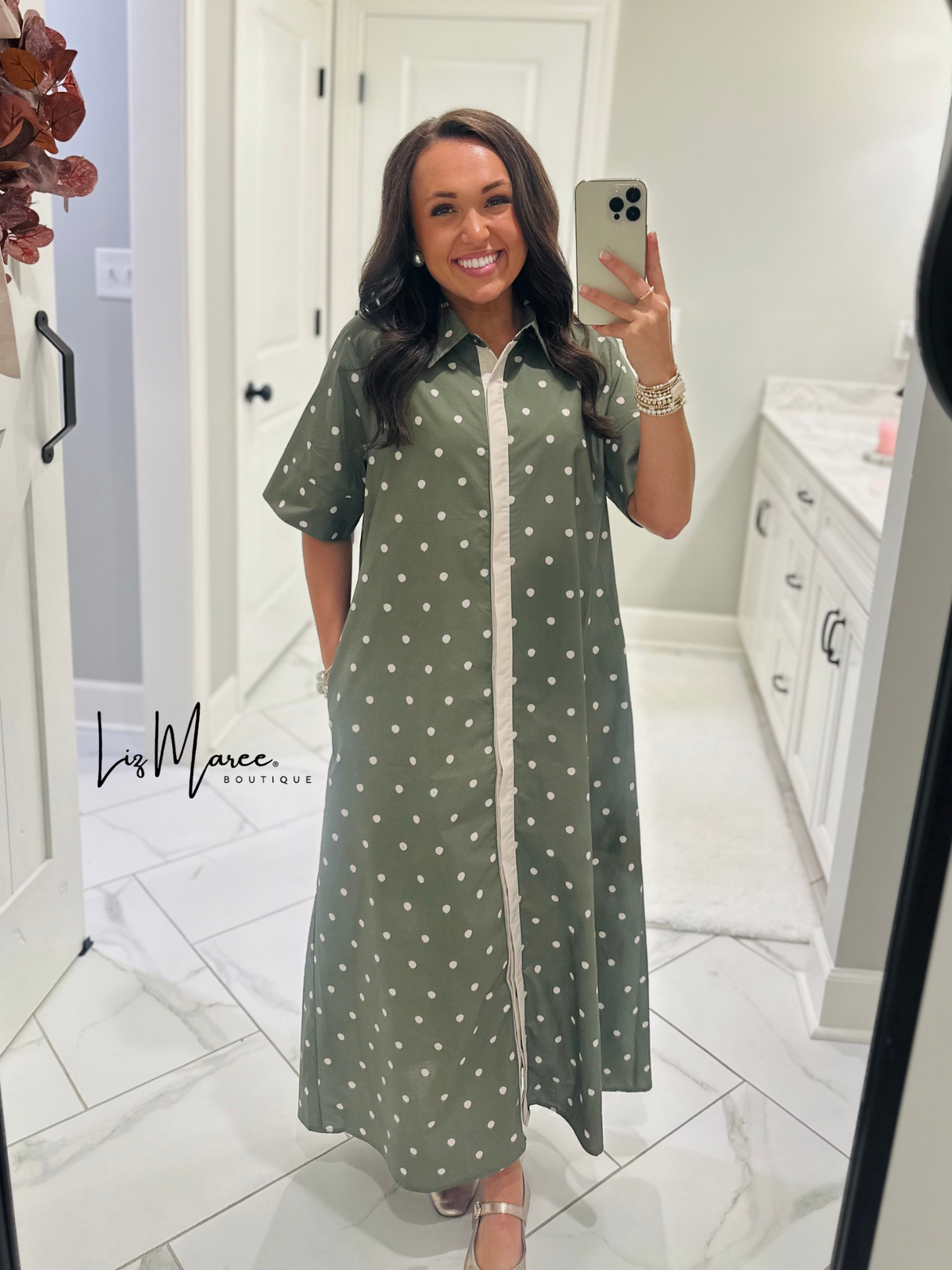 The Ruth Olive Green Polka Dot Midi Dress