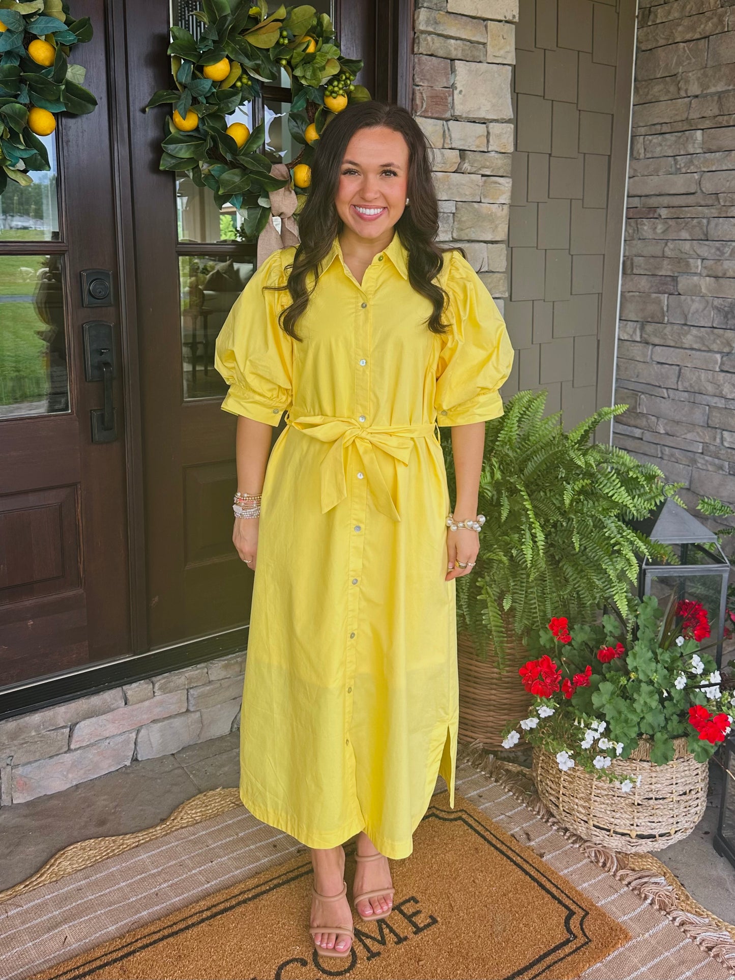 The Caroline Yellow Button Front Midi Dress