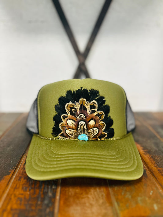 Olive Green Feather + Turquoise Stone Trucker Hat