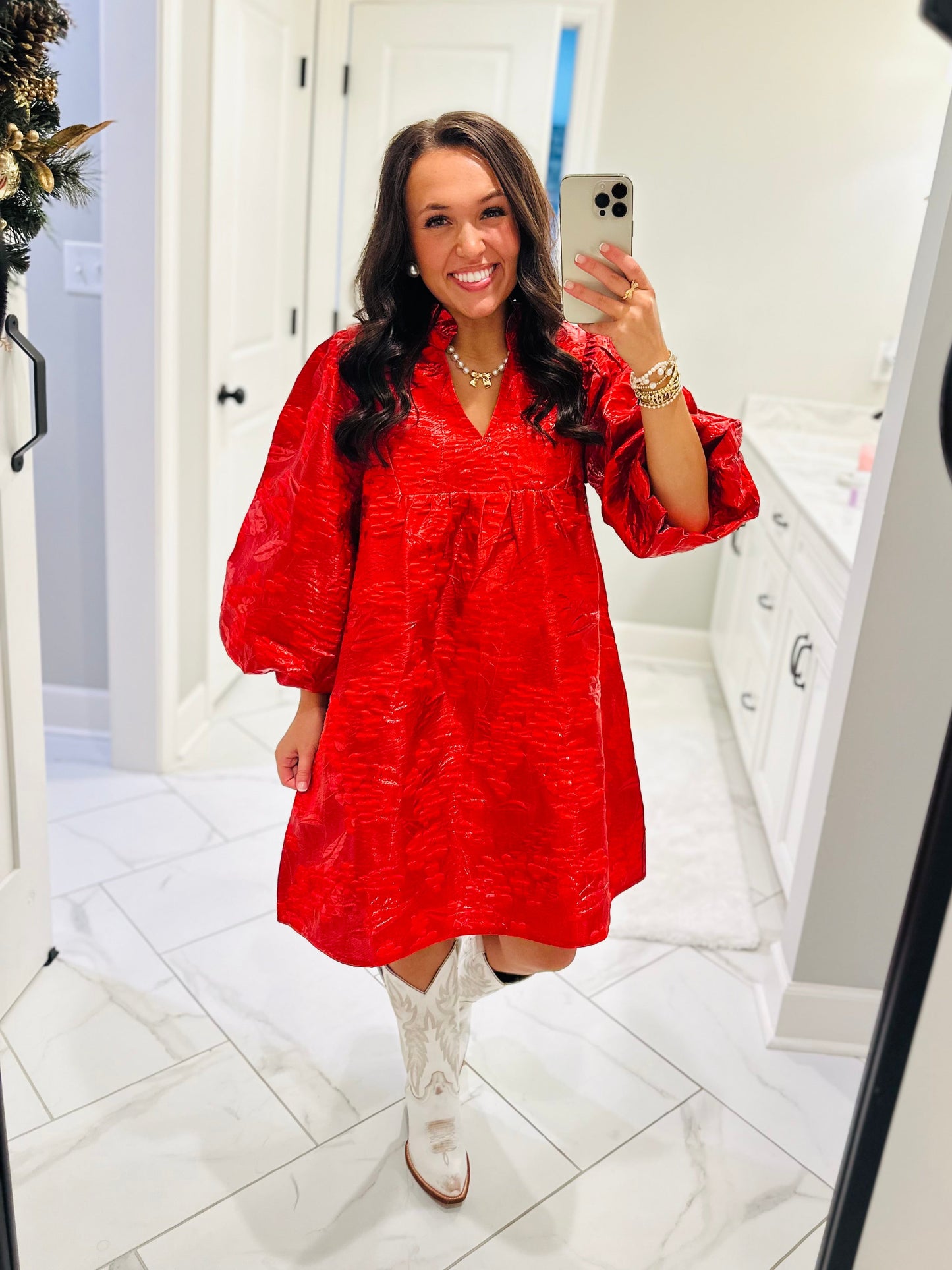 The Clara Red Jacquard Shimmer Dress