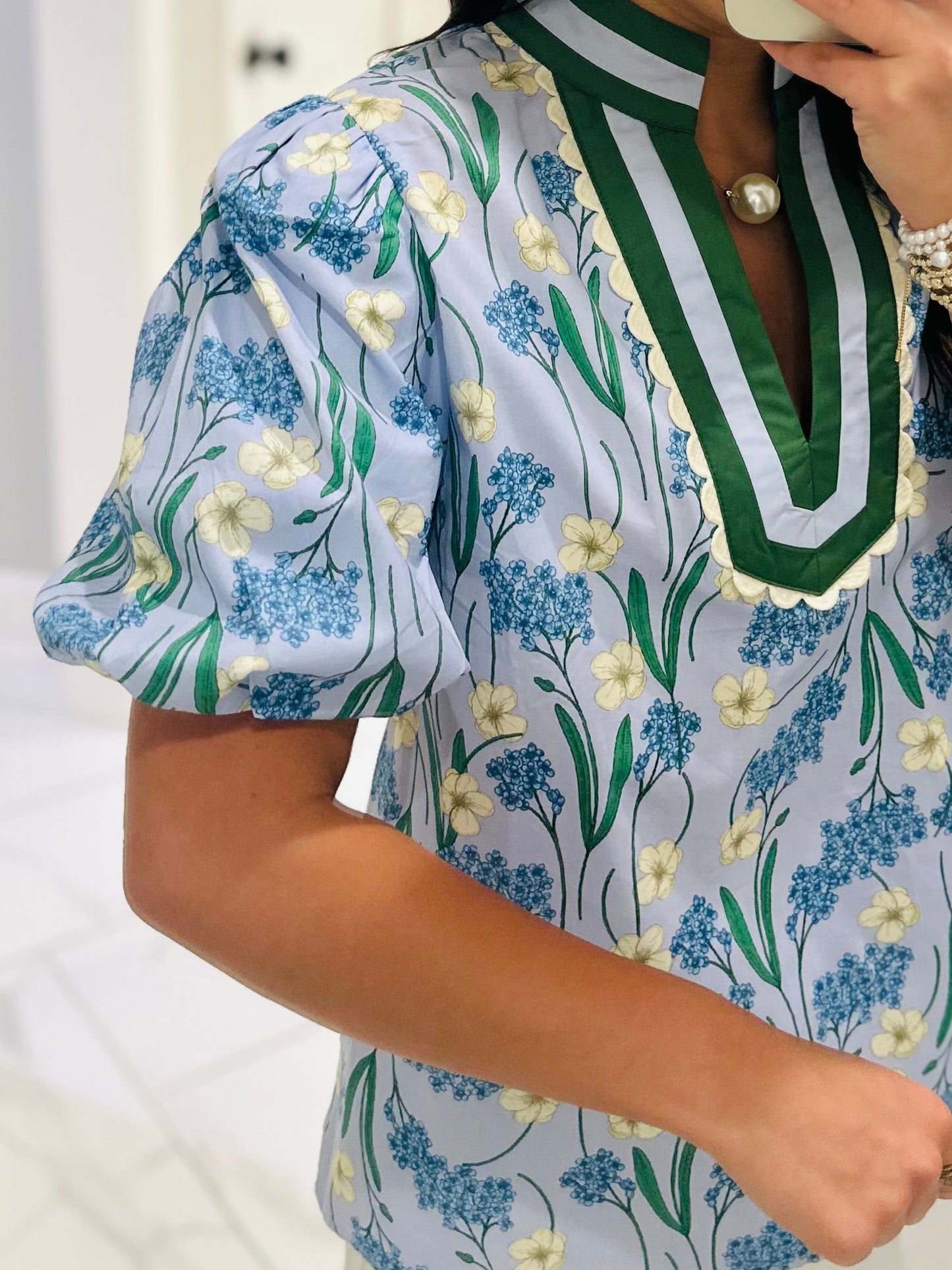 The Poppy Blue Floral Scallop Trim Top
