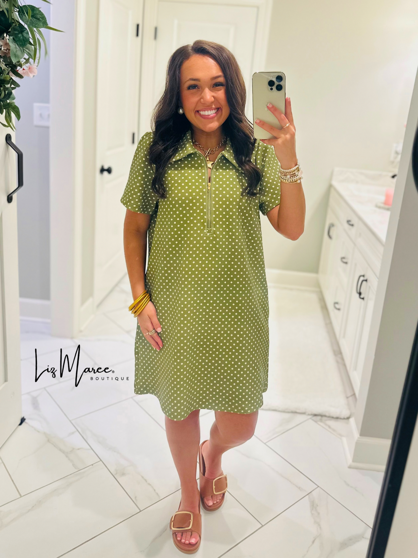The Hadley Olive Green Polka Dot Quarter Zip Dress