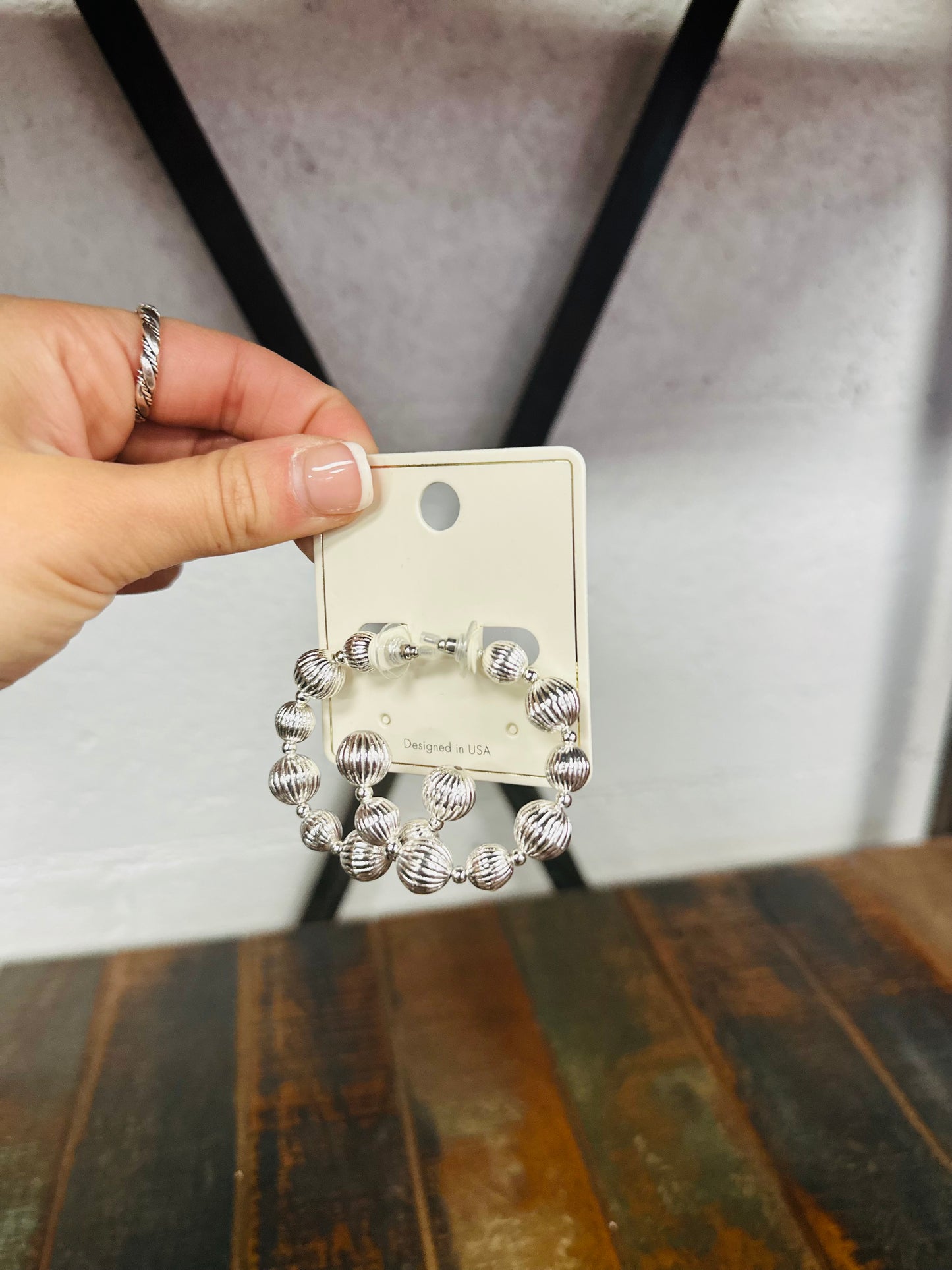 Silver Carved Ball Hoop Earring