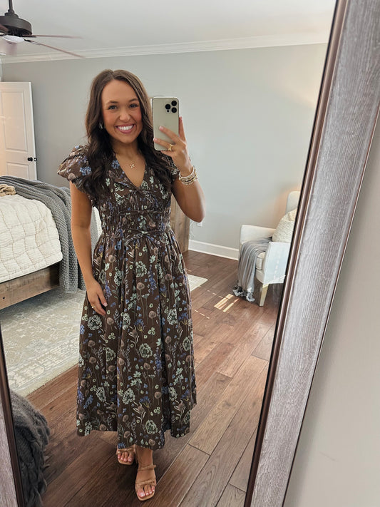The Stella Brown Floral Bow Front Midi Dress