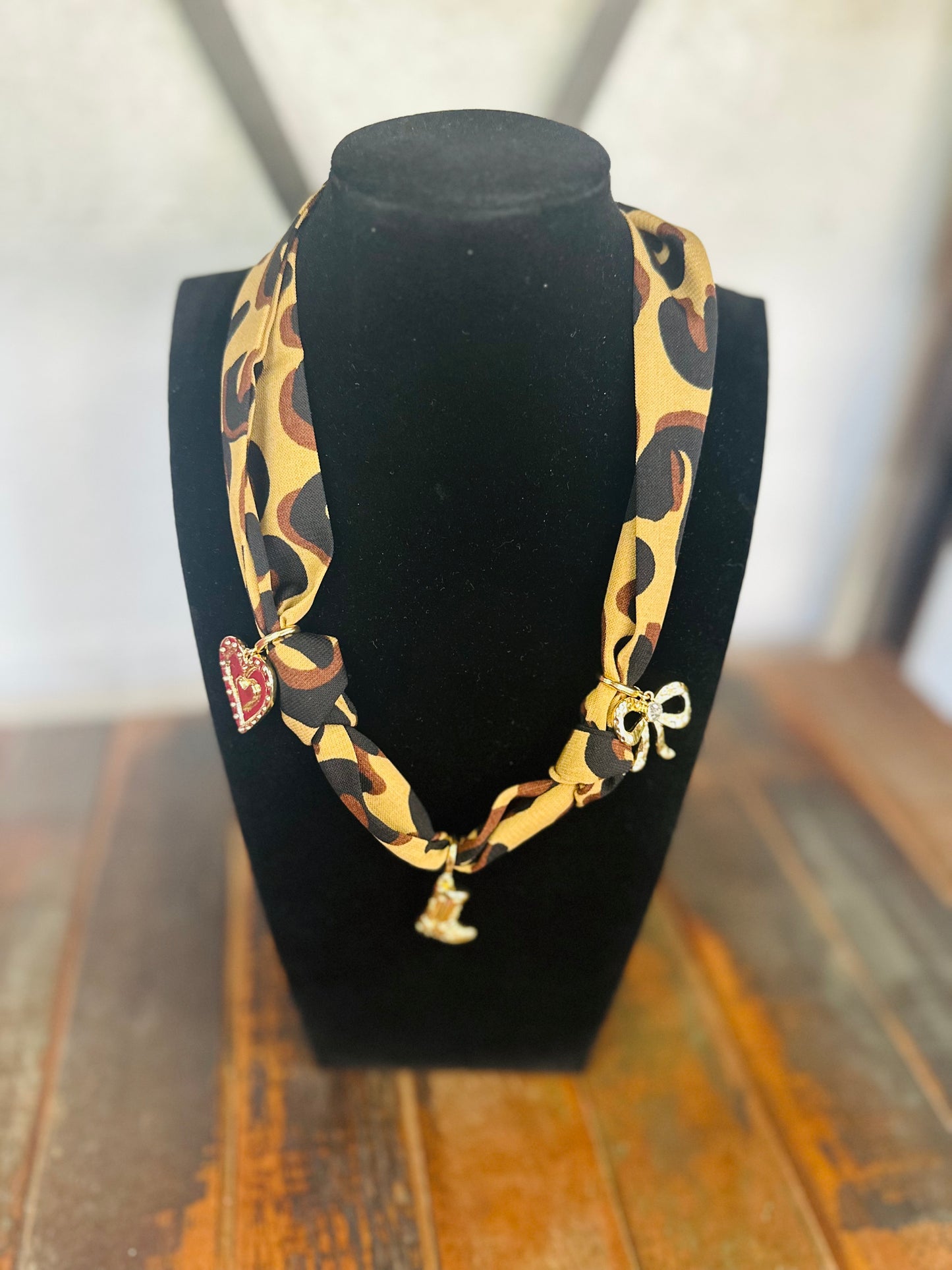 Leopard Silk Scarf + Charm Pendant Necklace