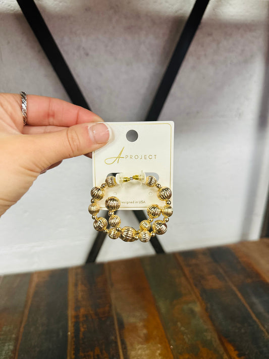 Gold Carved Ball Hoop Earring