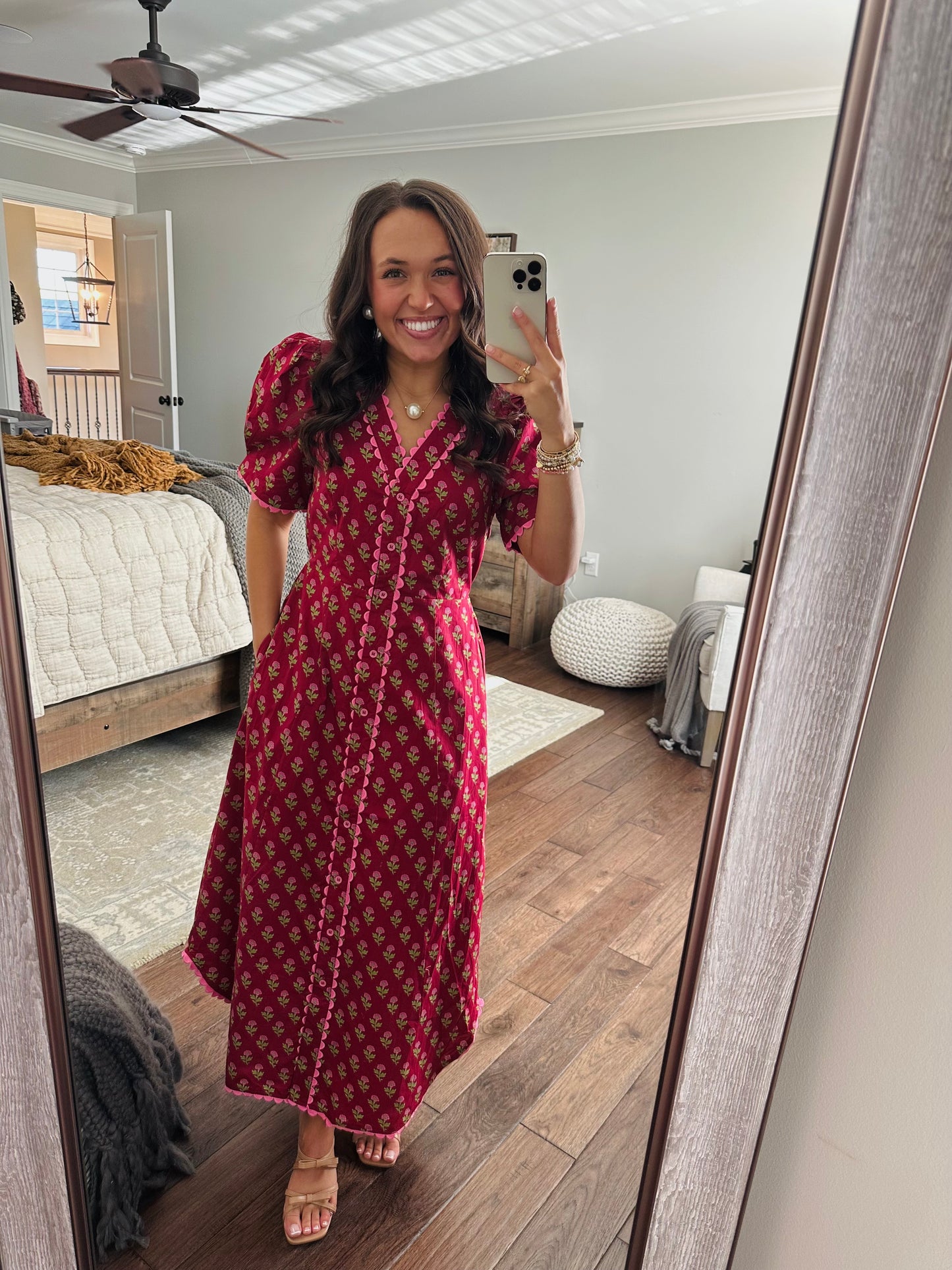 The Charlotte Burgundy Floral Scallop Trim Midi Dress