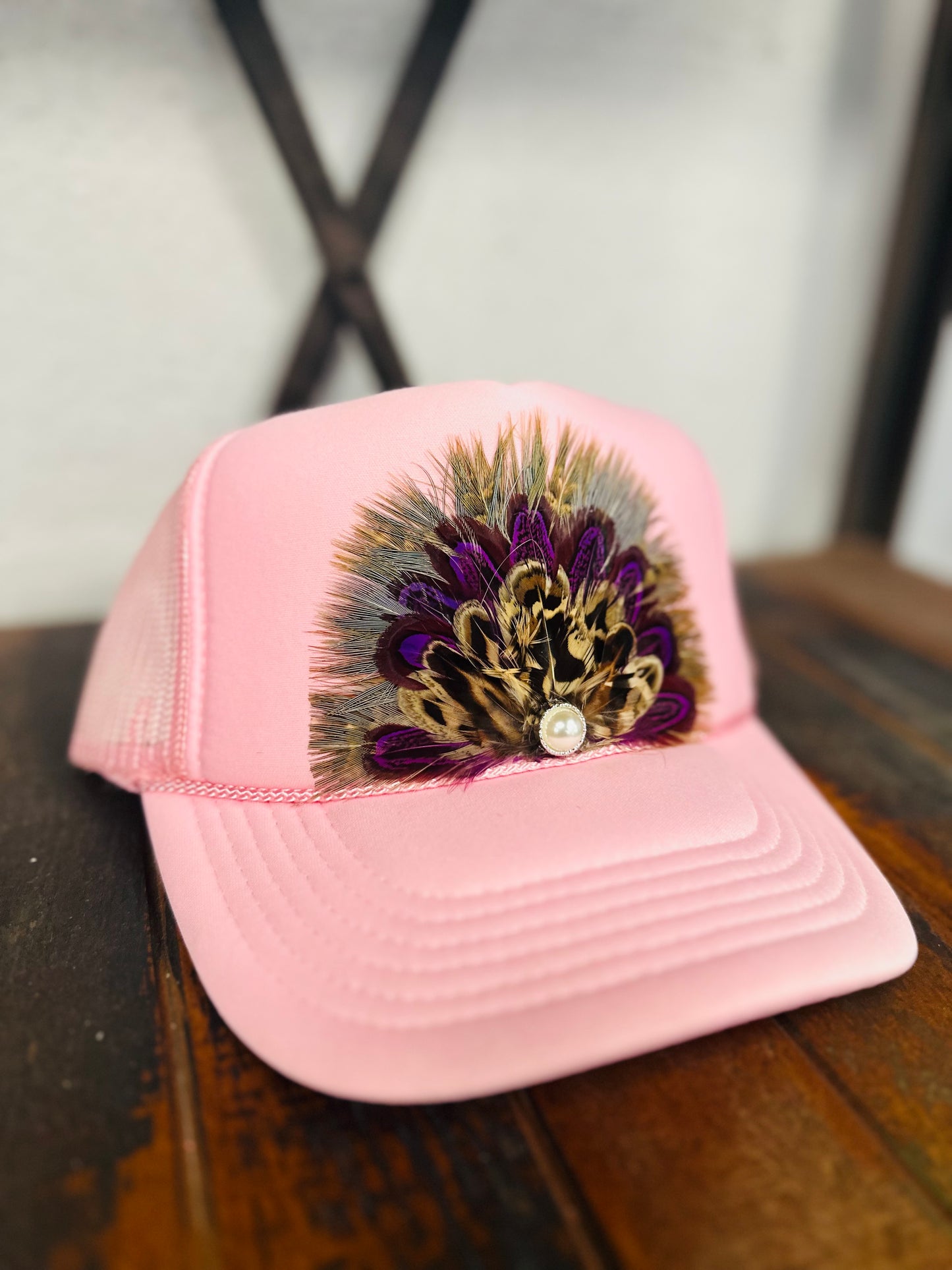 Light Pink Feather + Pearl Trucker Hat