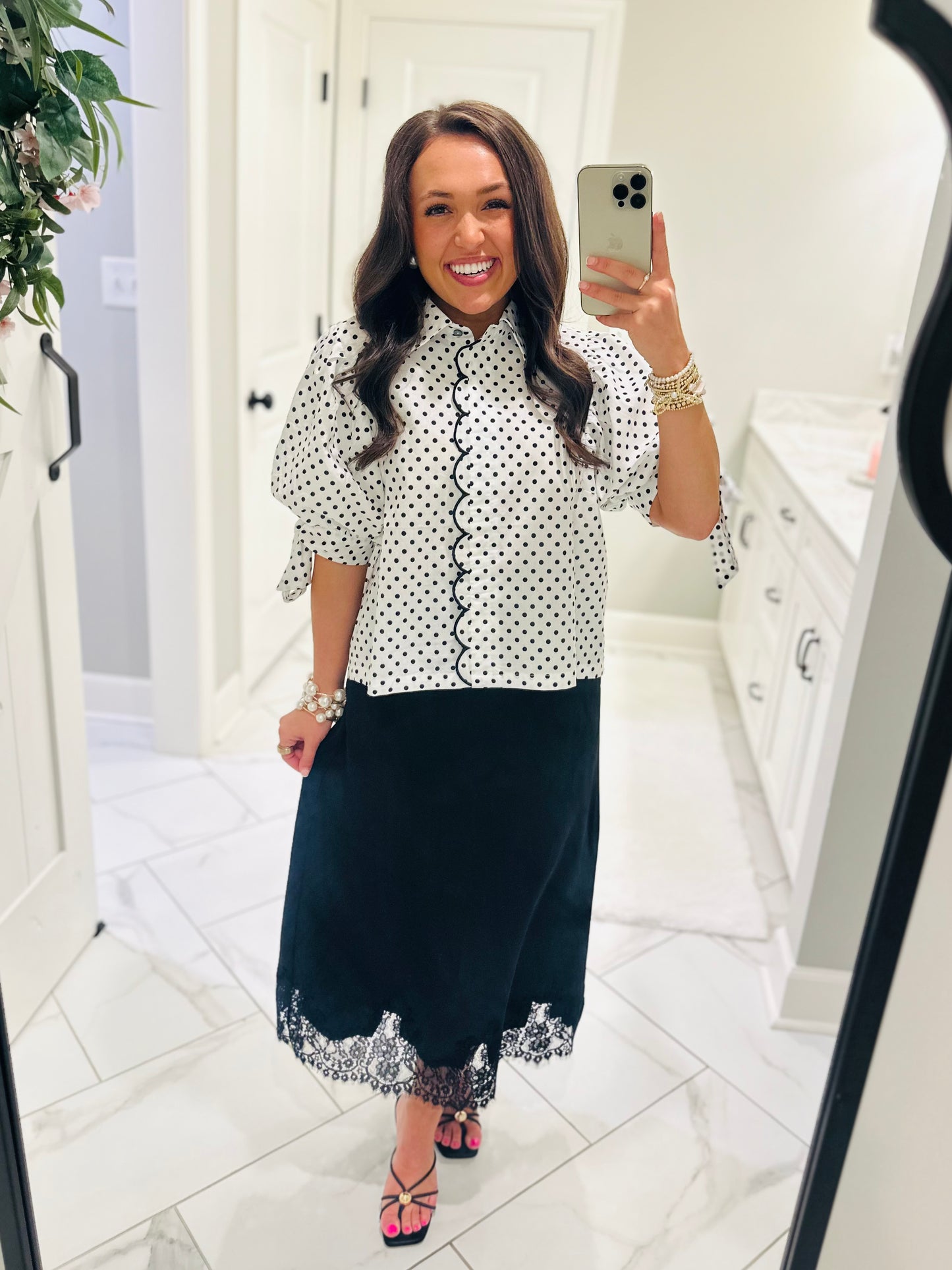 The Dallas Black Satin Lace Midi Skirt