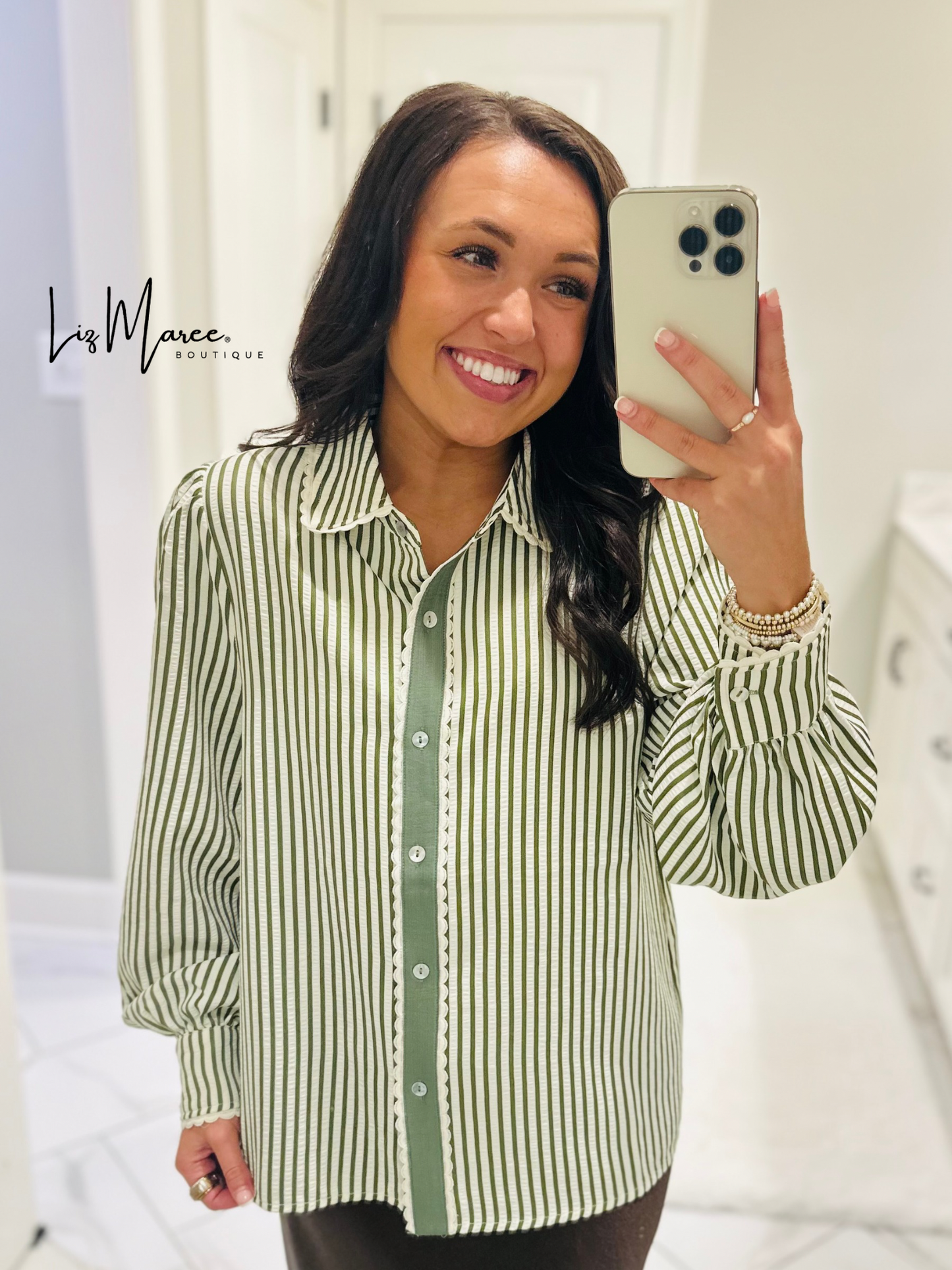 The Kathy Olive Green Striped Scallop Top