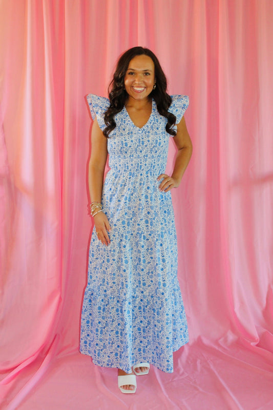 The Caroline Blue Floral Smocked Midi Dress