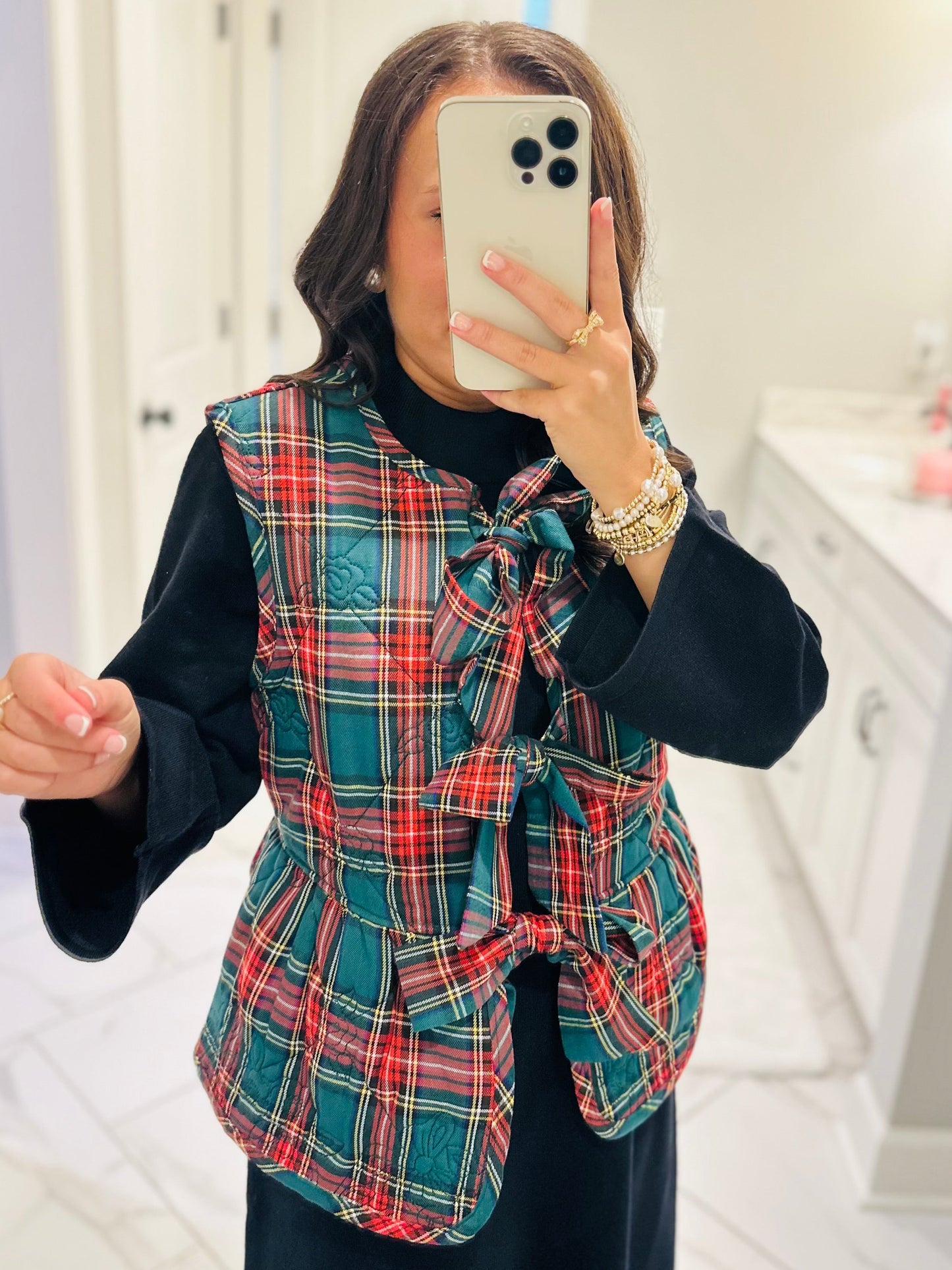 The Charity Green Plaid Quilted Bow Vest