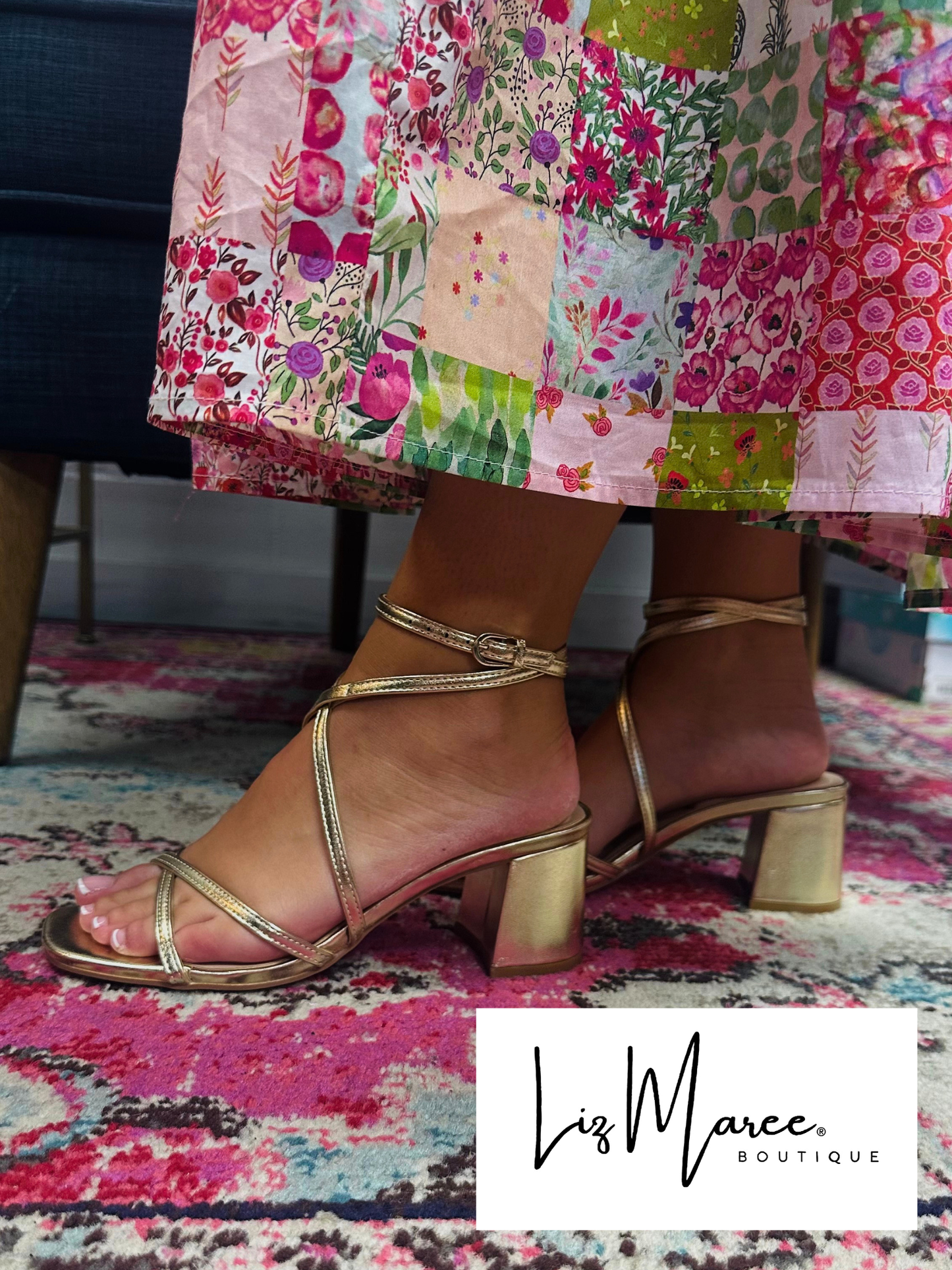 The Sansana Gold Square Toe Block Heel
