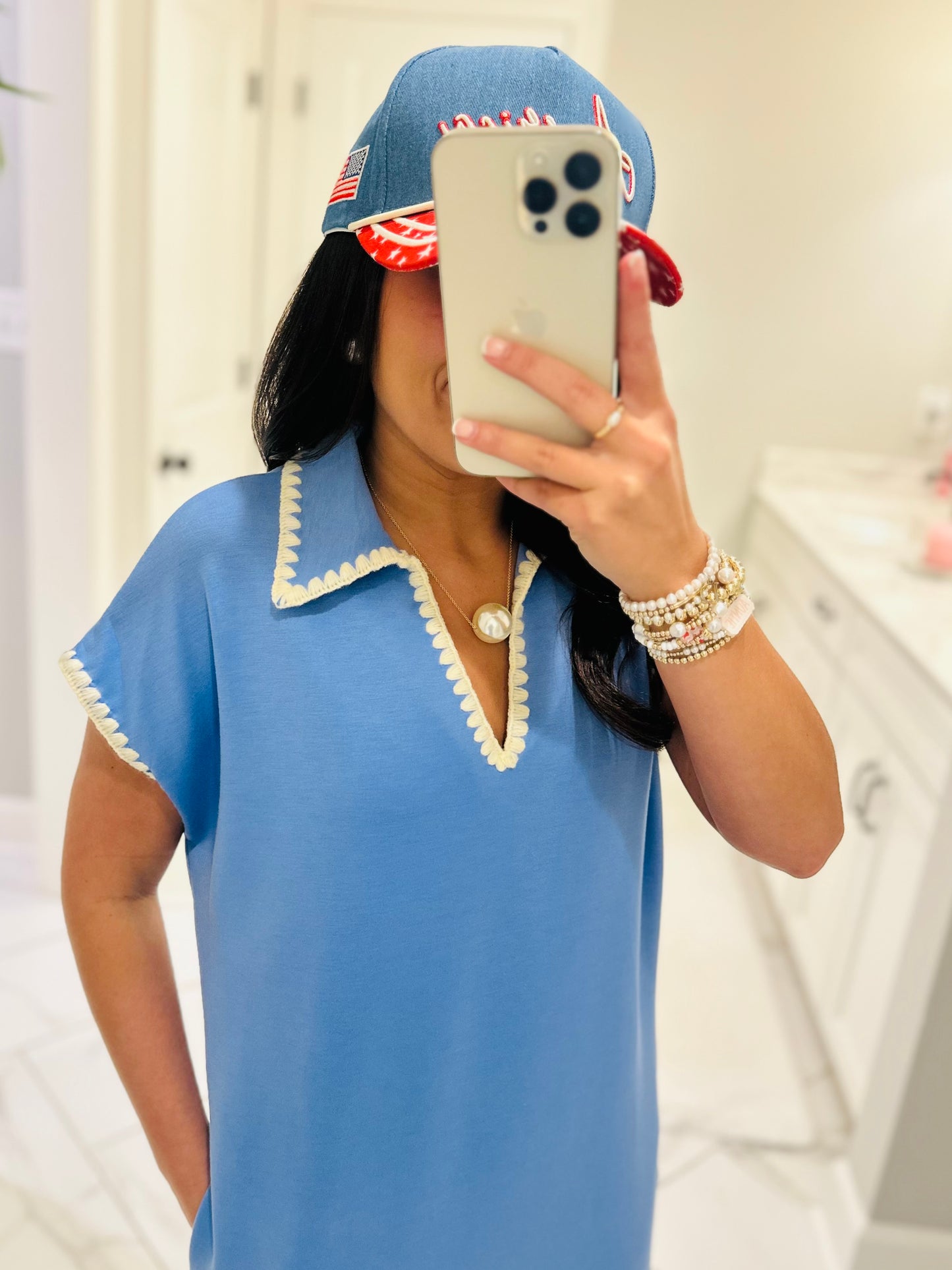 The Sarah Blue Collared Stitch Midi Dress