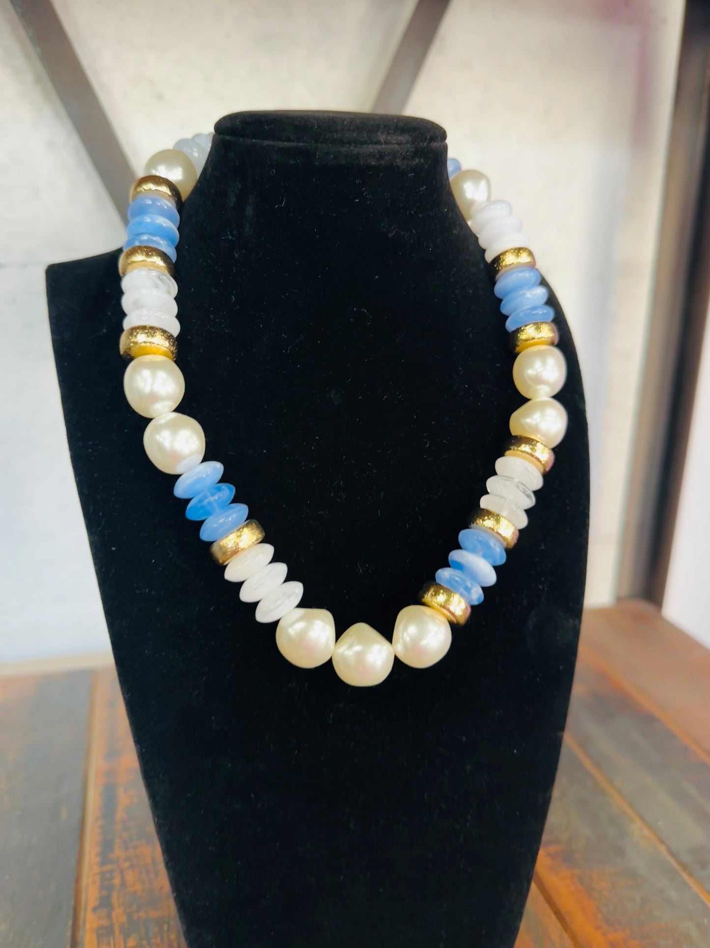 Blue + Gold Pearl Bead Necklace