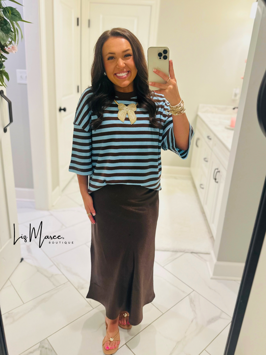 The Bri Dark Brown Satin Midi Skirt