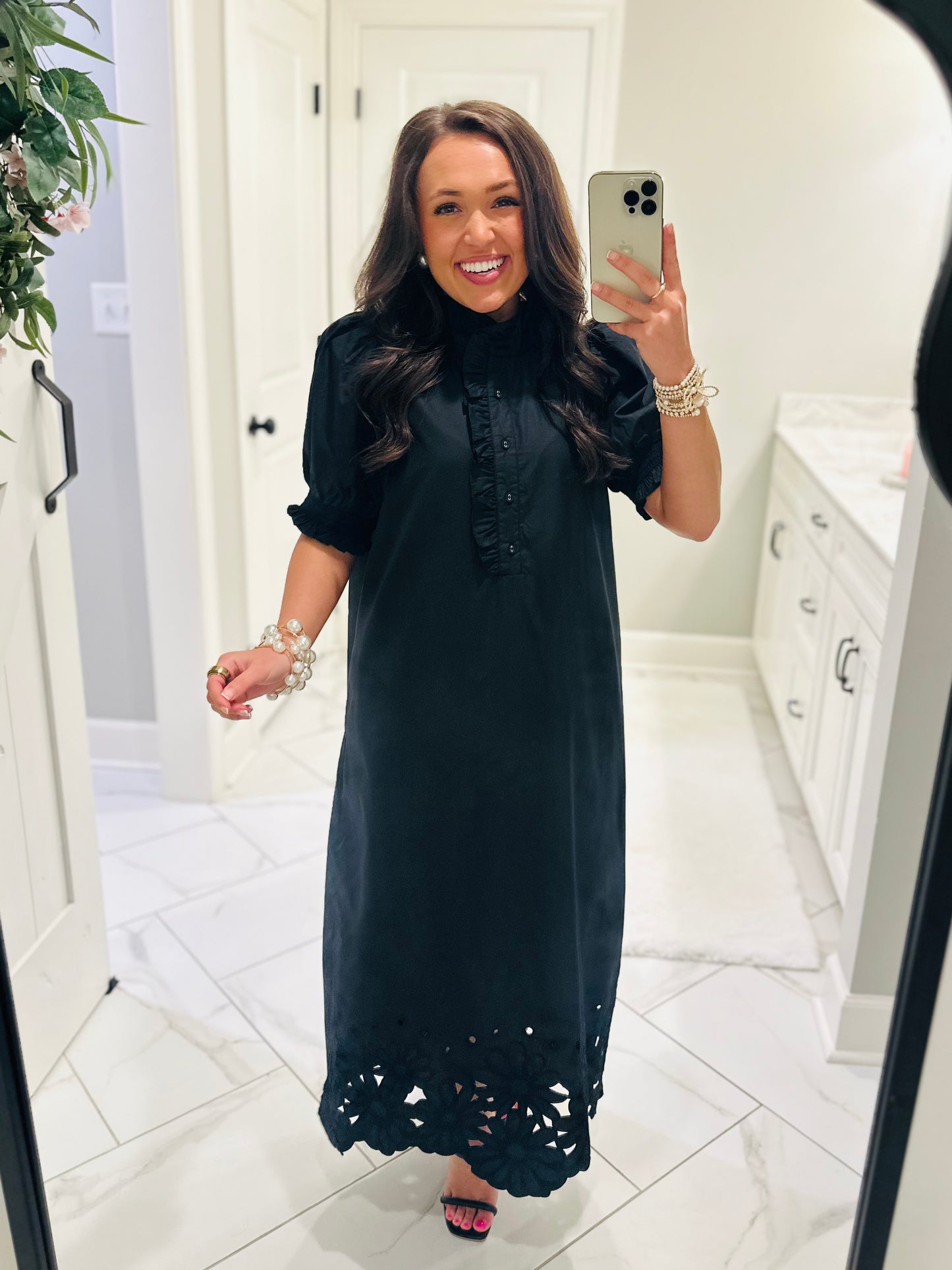 The Blakeley Black Embroidered Scallop Midi Dress