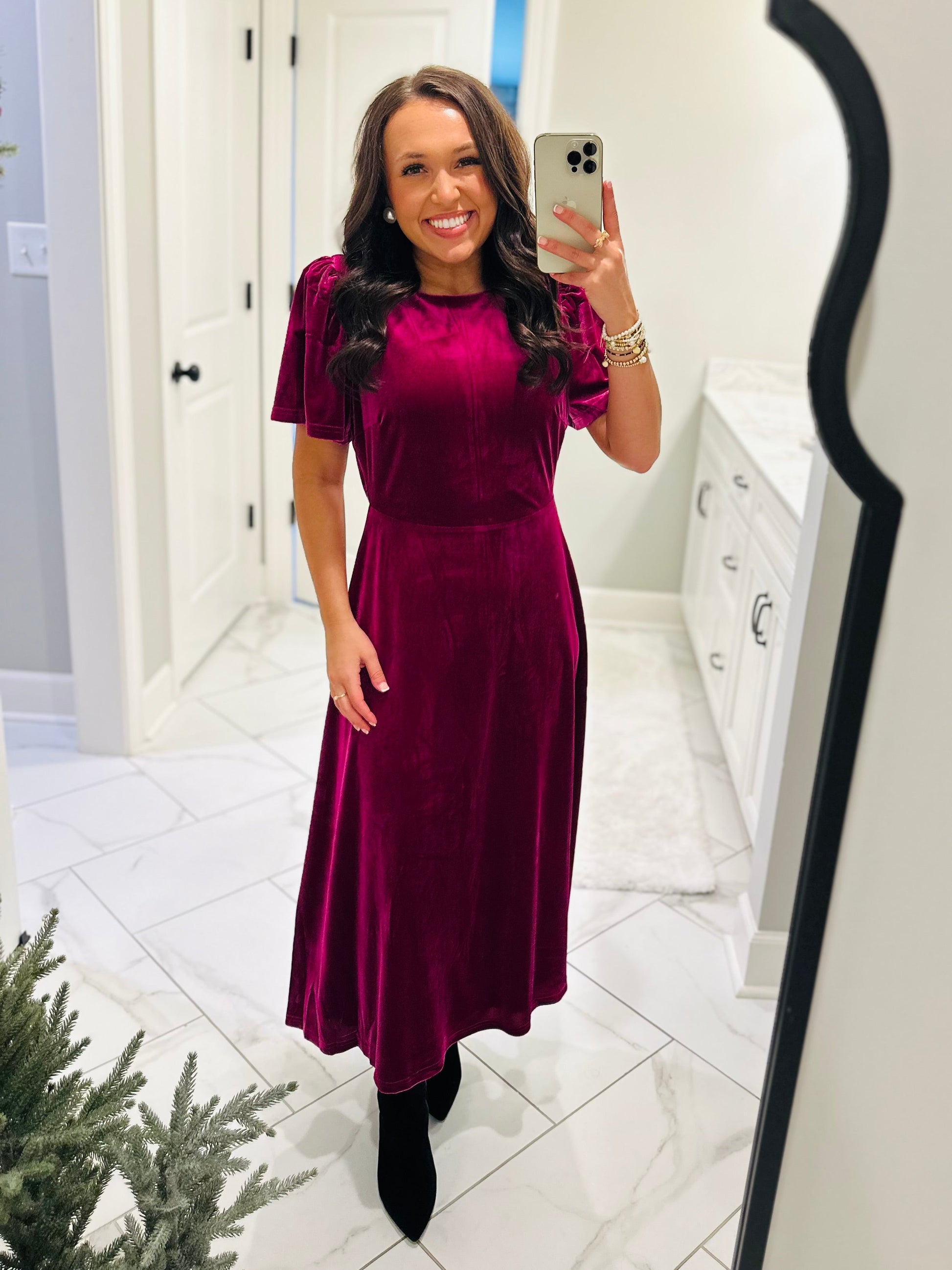 The Mary Magenta Velvet A-line Midi Dress Medium