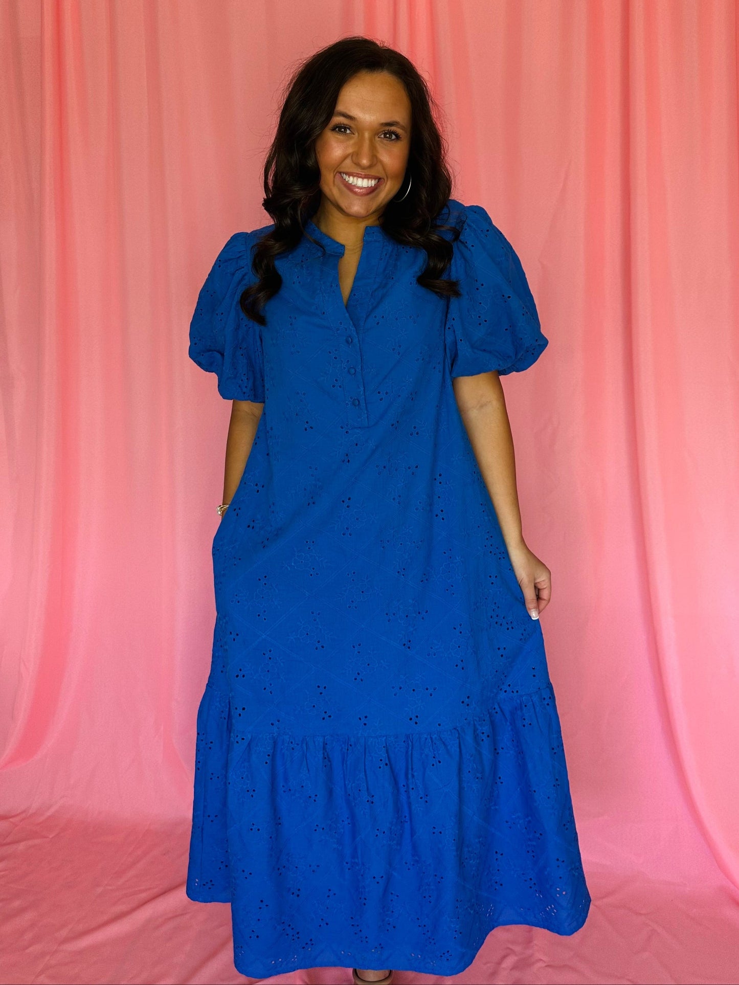 The Willa Blue Eyelet Midi Dress