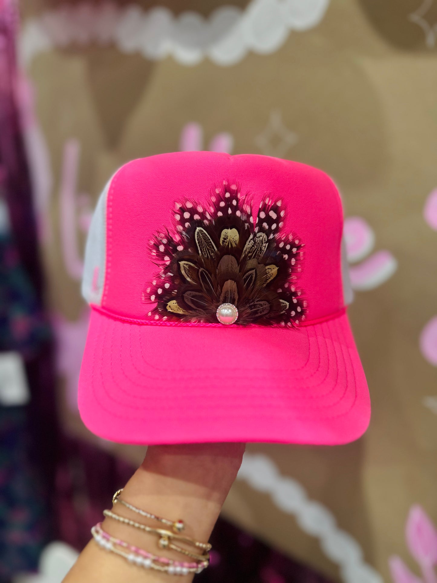 Neon Pink Feather + Pearl Trucker Hat