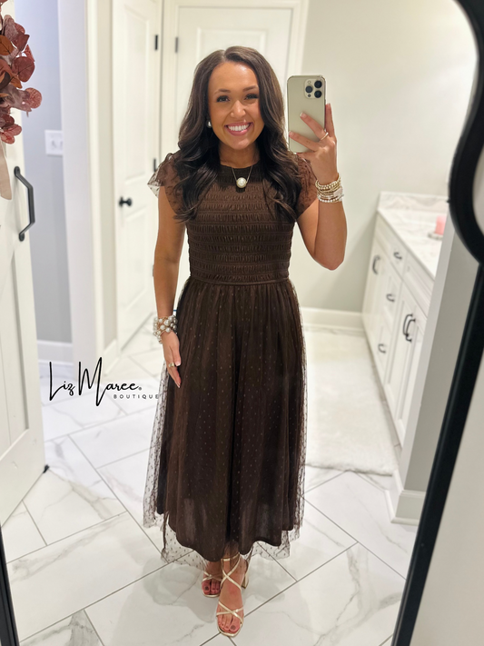 The Autumn Brown Polka Dot Chiffon Midi Dress