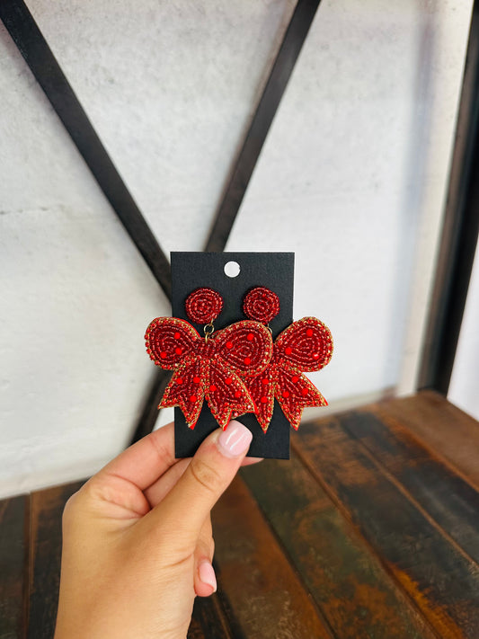 Red Beaded Bow Earring