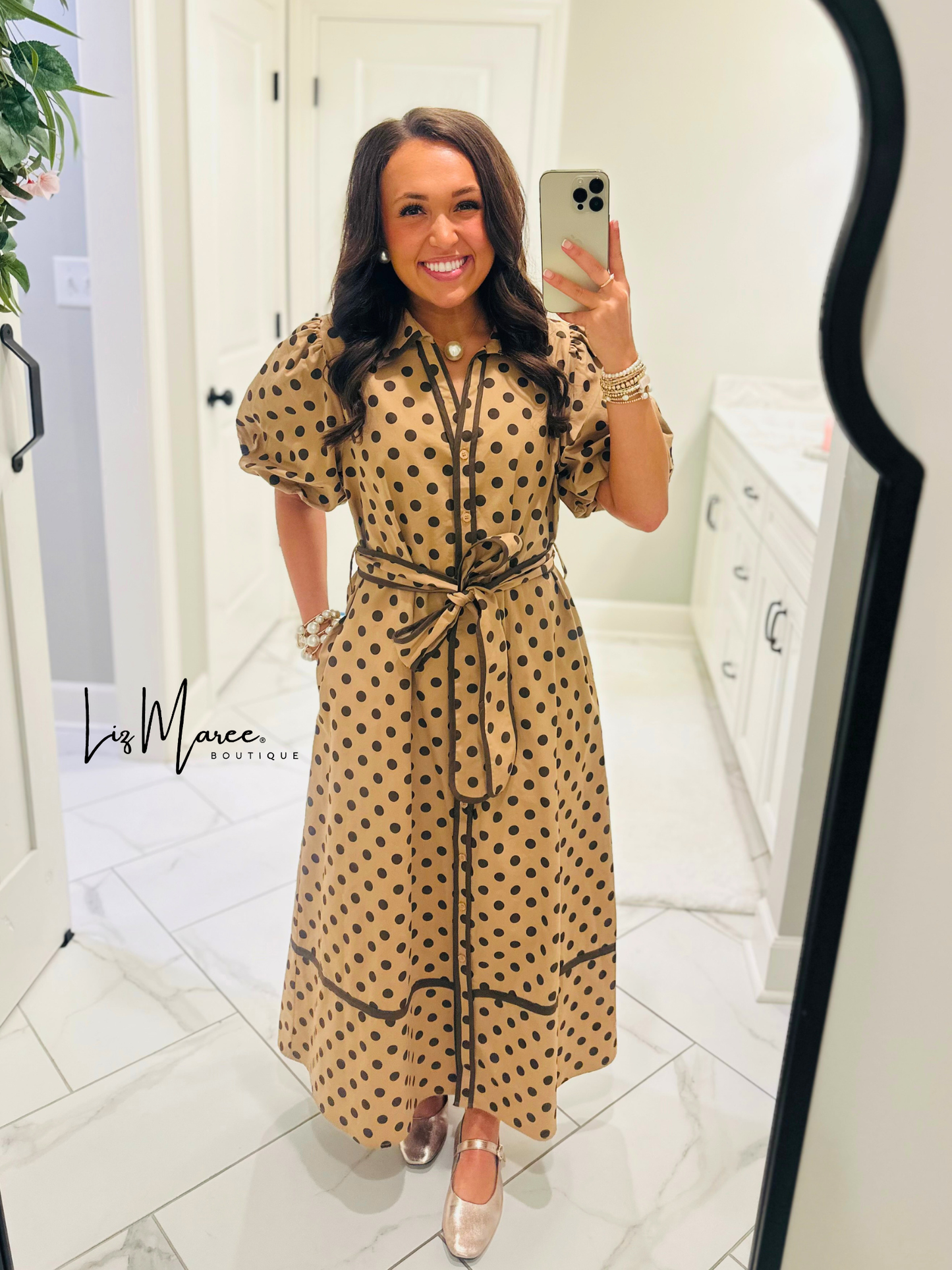 The Tatum Taupe Polka Dot Midi Dress