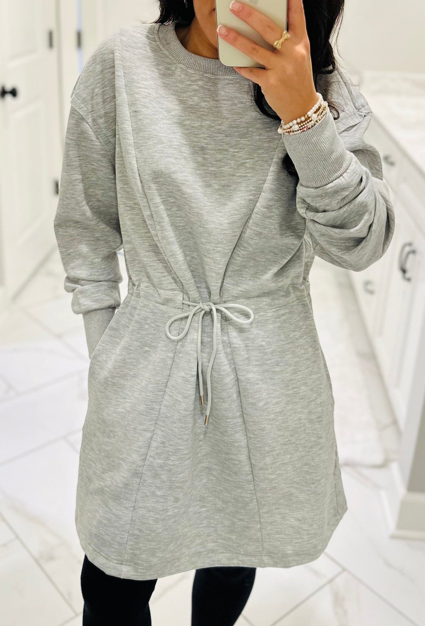 The Heather Grey Jersey Knit Longsleeve Drawstring Dress