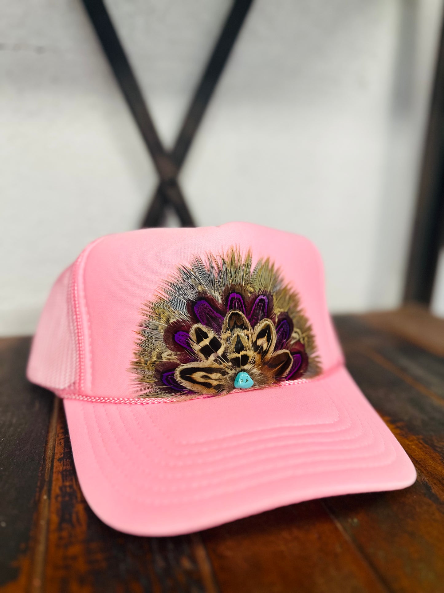 Light Pink Feather + Turquoise Stone Trucker Hat