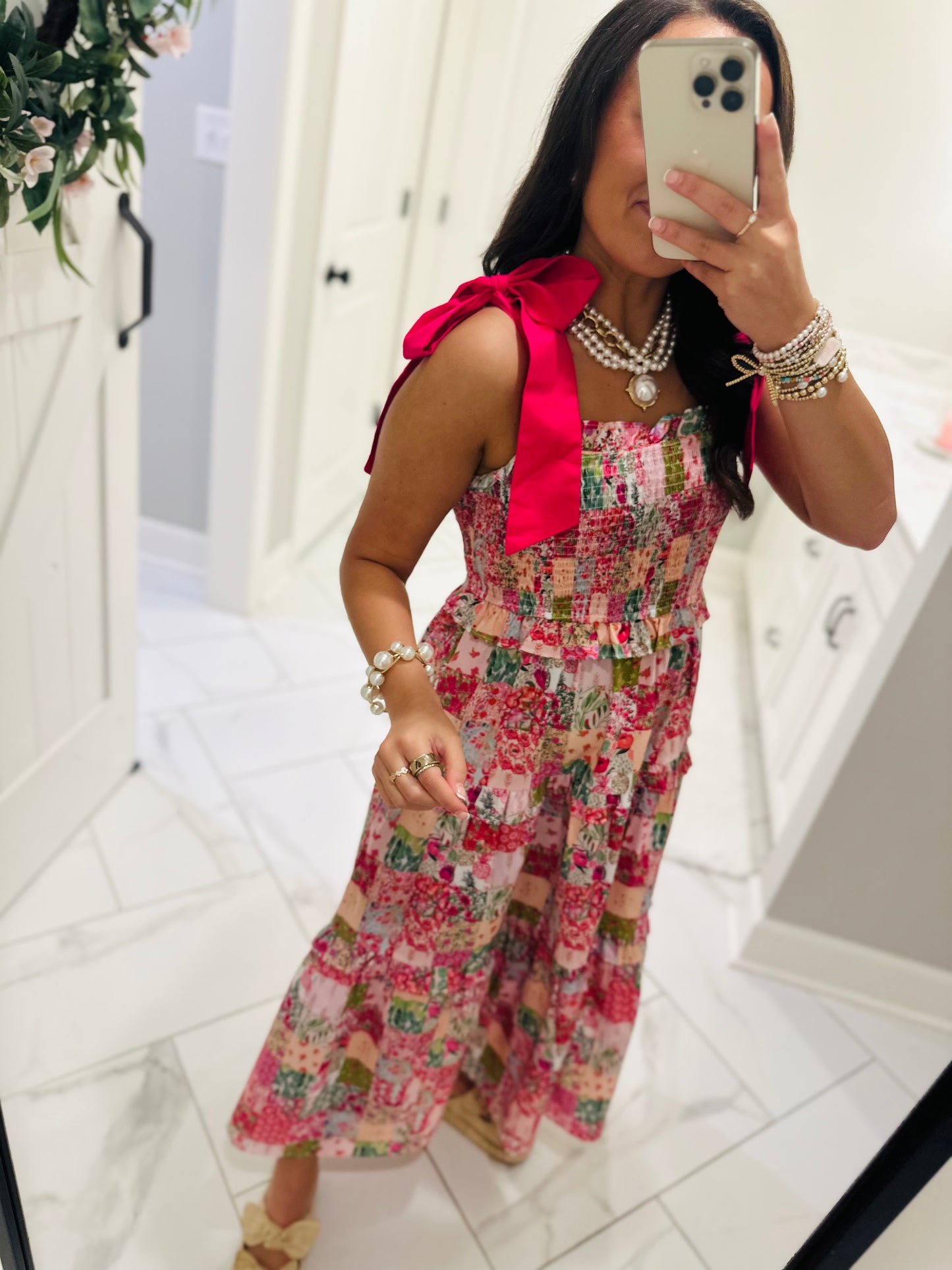 The Lillie Pink Multicolor Patchwork Midi Dress