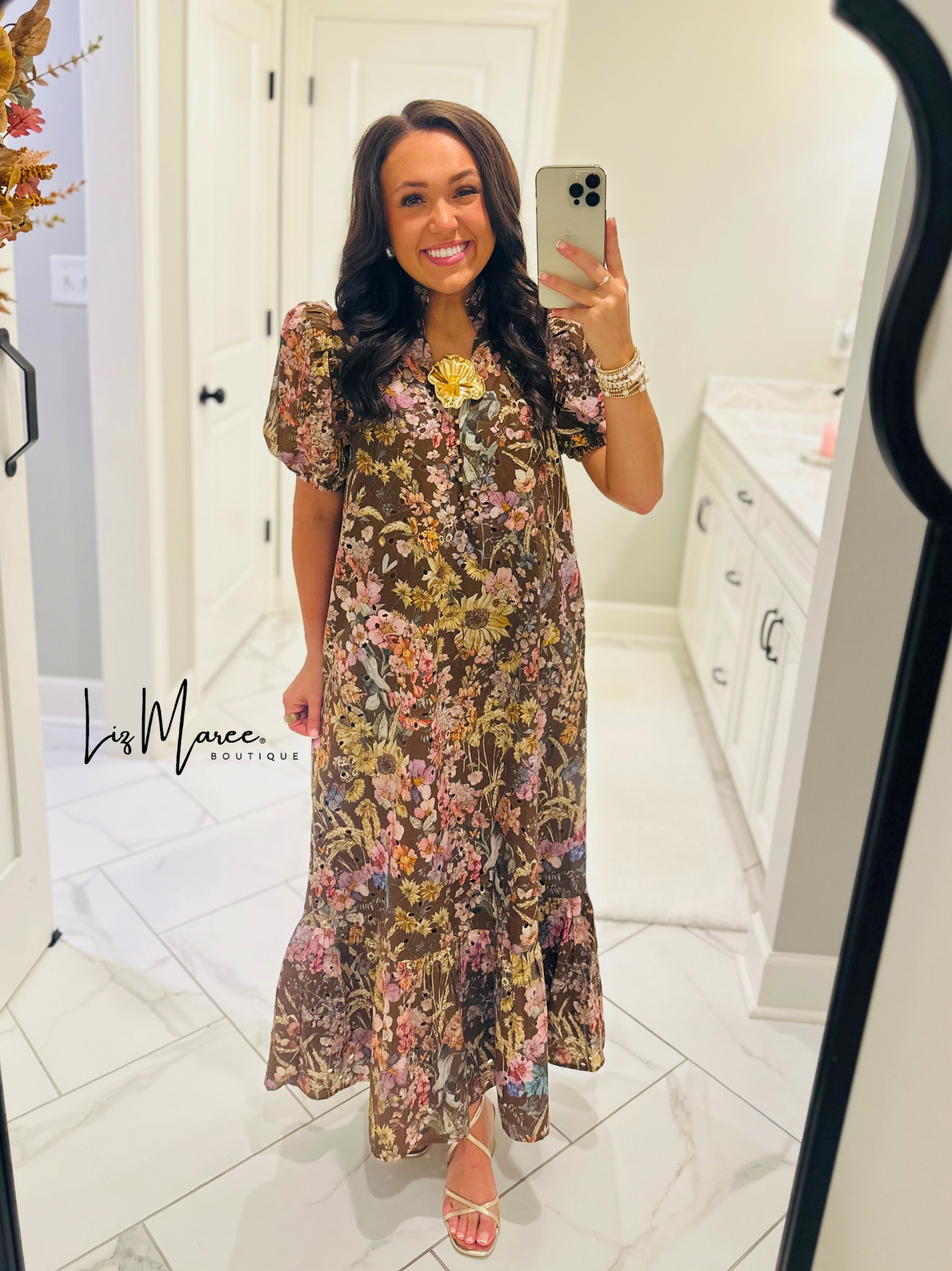 The Nadine Brown Floral Eyelet Midi Dress