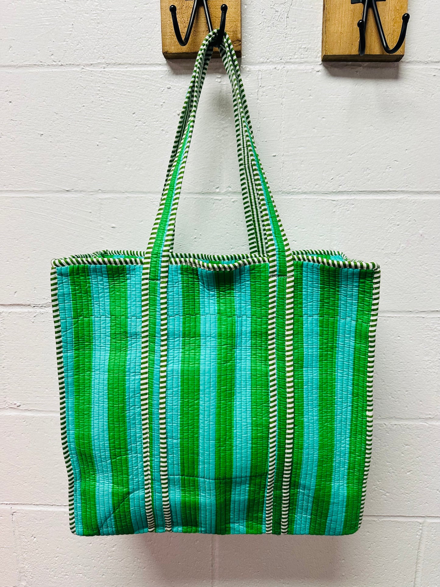 The Teal + Green Striped Quilted Tote Bag