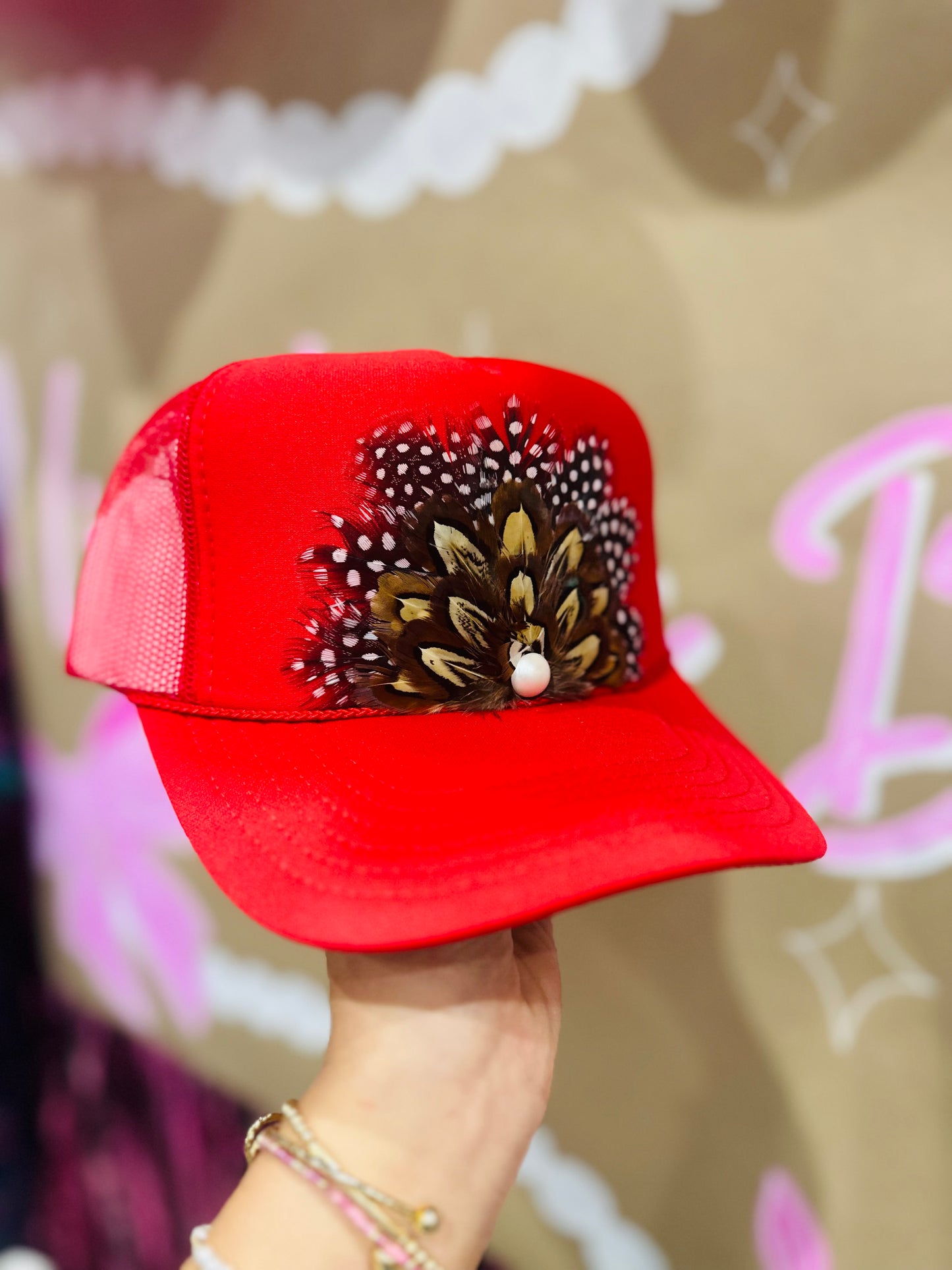 Red Feather + Pearl Trucker Hat