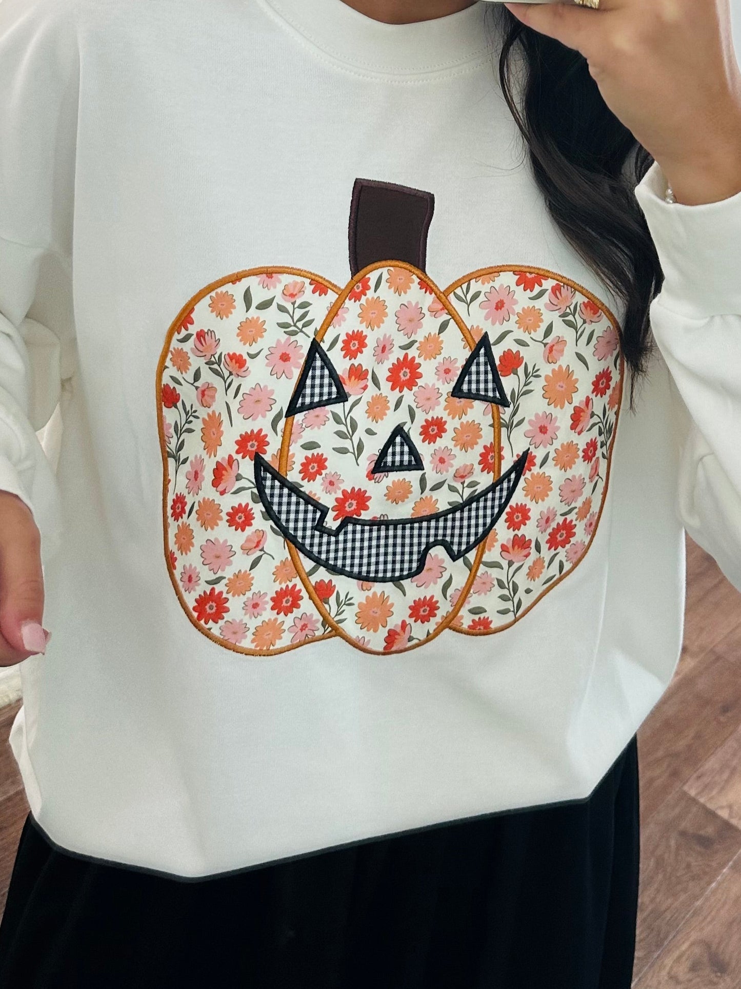 The Floral Printed Pumpkin Patchwork Crewneck