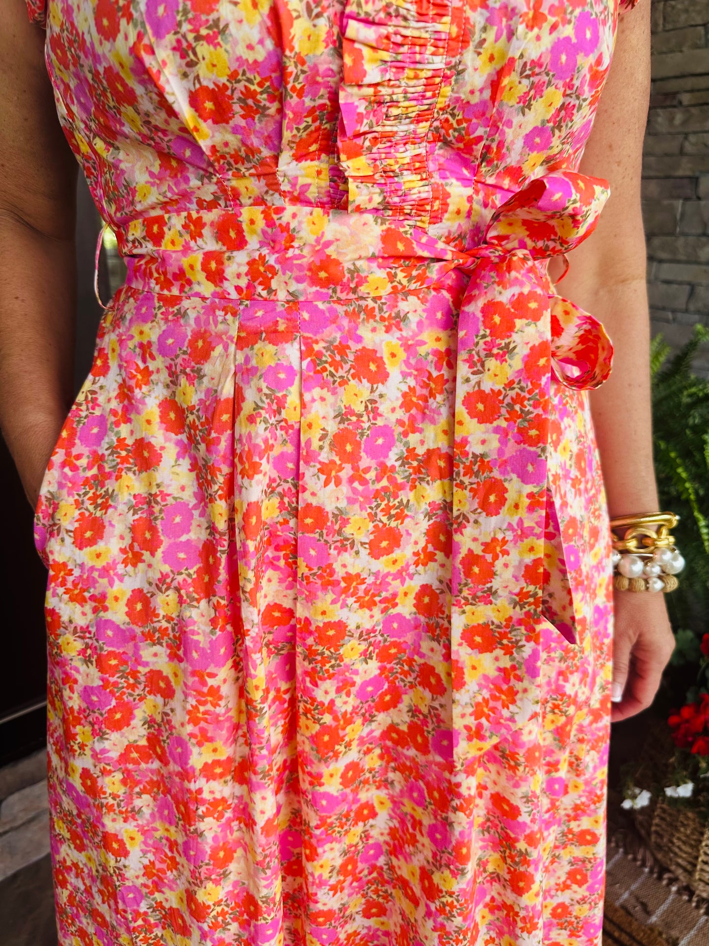 The Maree Pink + Orange Floral Midi Dress