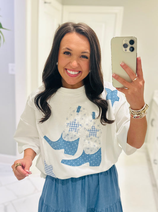 The Blaire Blue Cowboy Boot Star Patchwork Tee