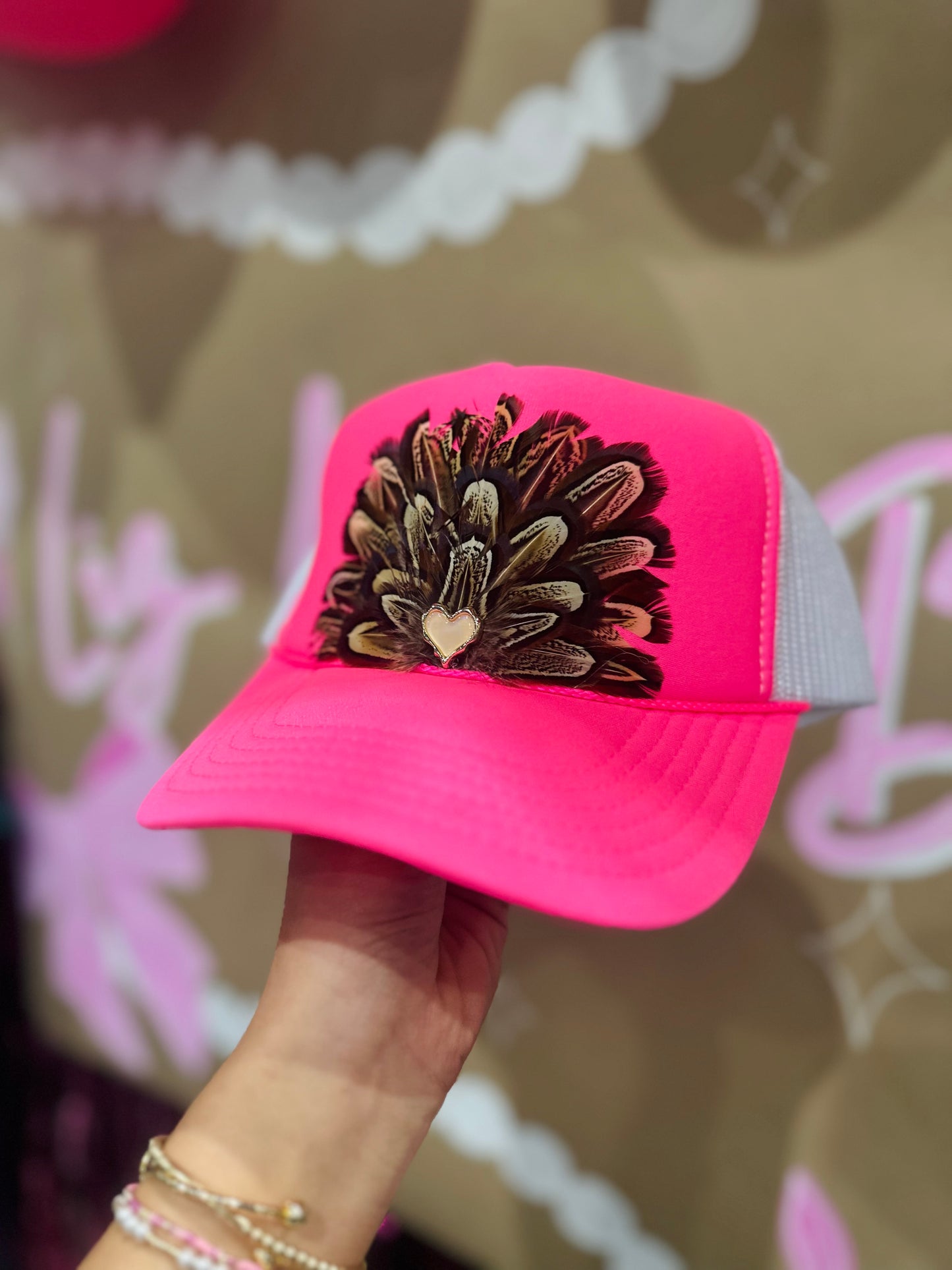 Neon Pink Feather + Heart Trucker Hat