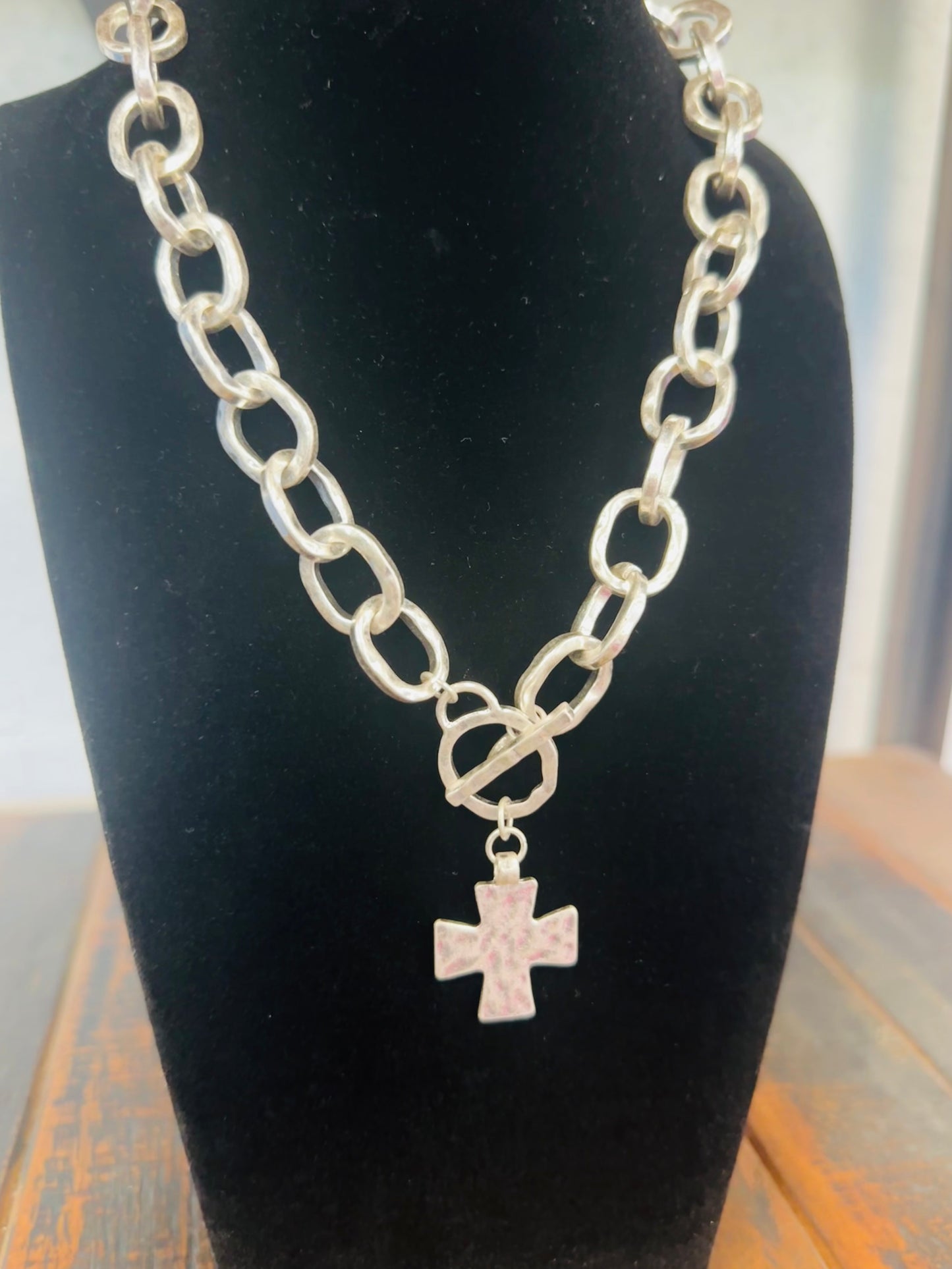 Silver Chunky Chain Hammered Cross Necklace