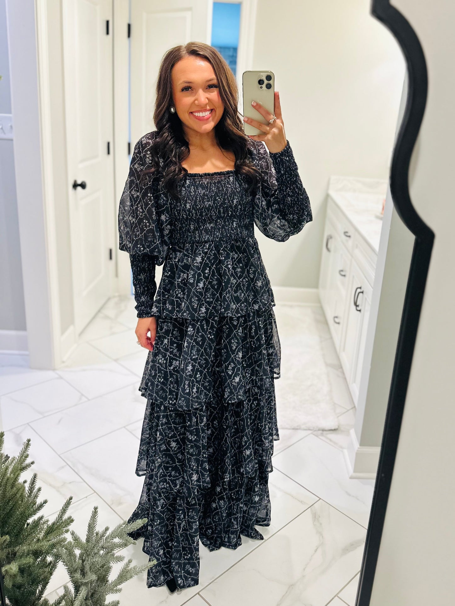 The Mae Black Ruffle Tiered Long Sleeve Maxi Dress