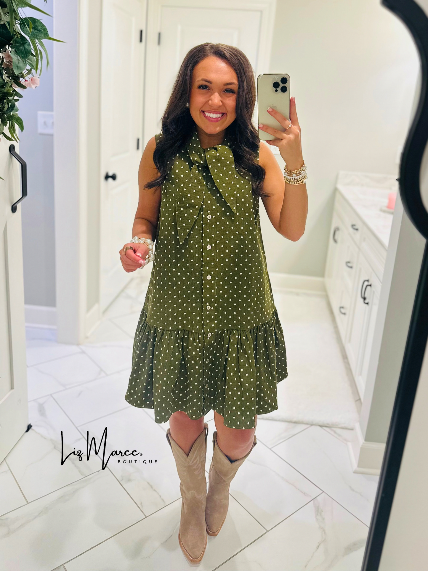 The Stella Olive Green Polka Dot Denim Dress