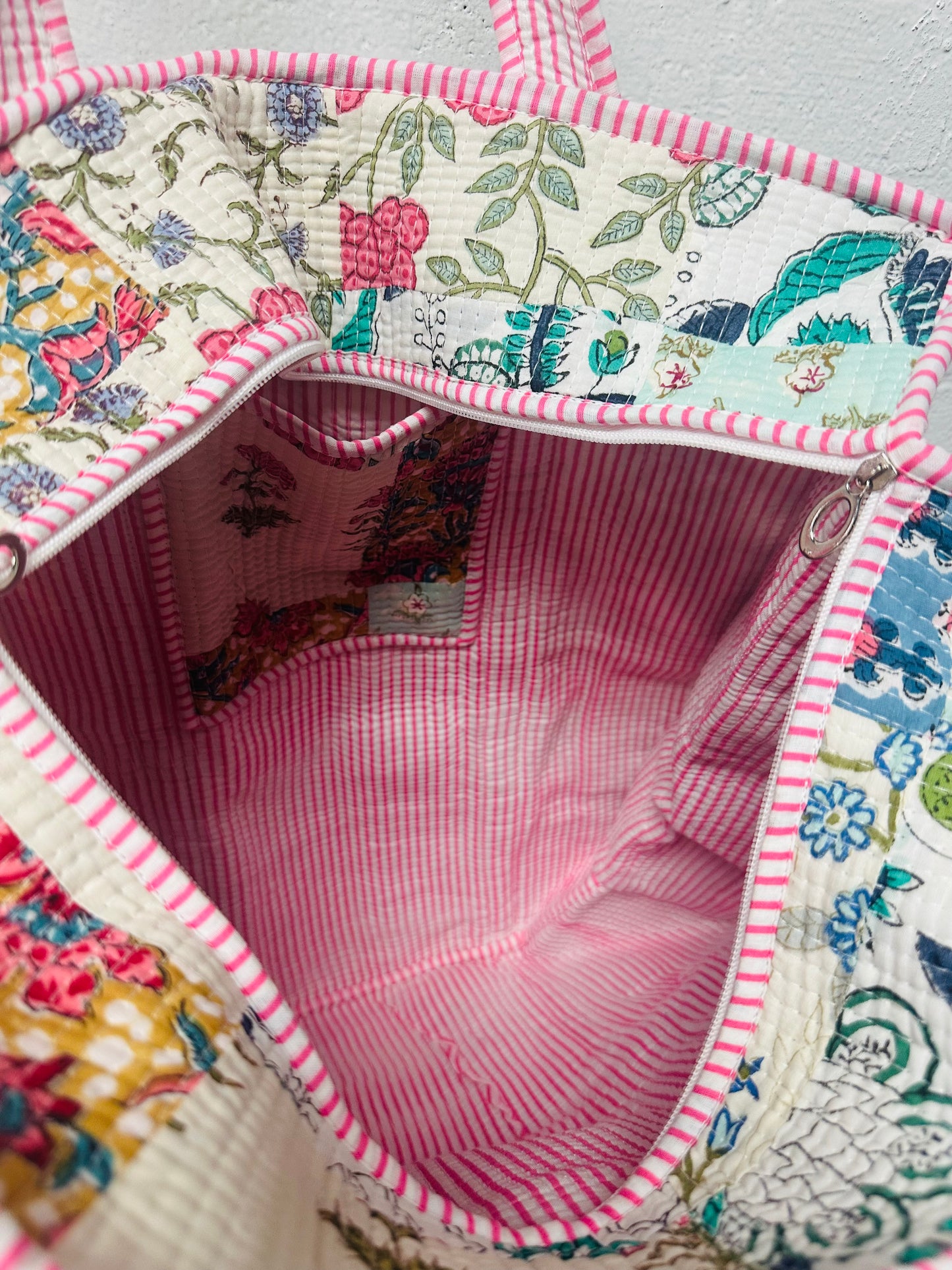 The Pink + Blue Multicolor Patchwork Quilted Tote Bag