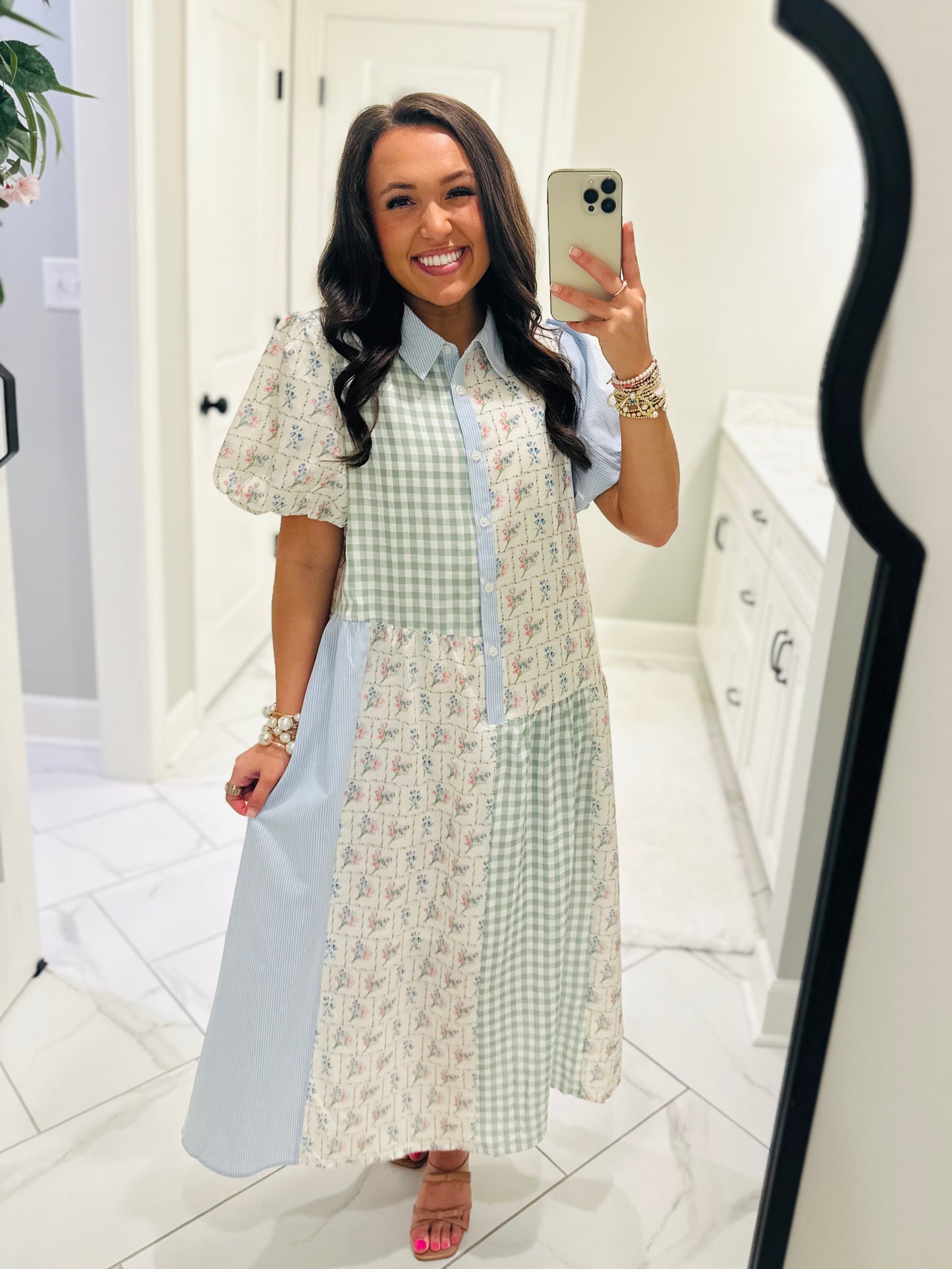 The Mae Blue + Mint Patchwork Midi Dress