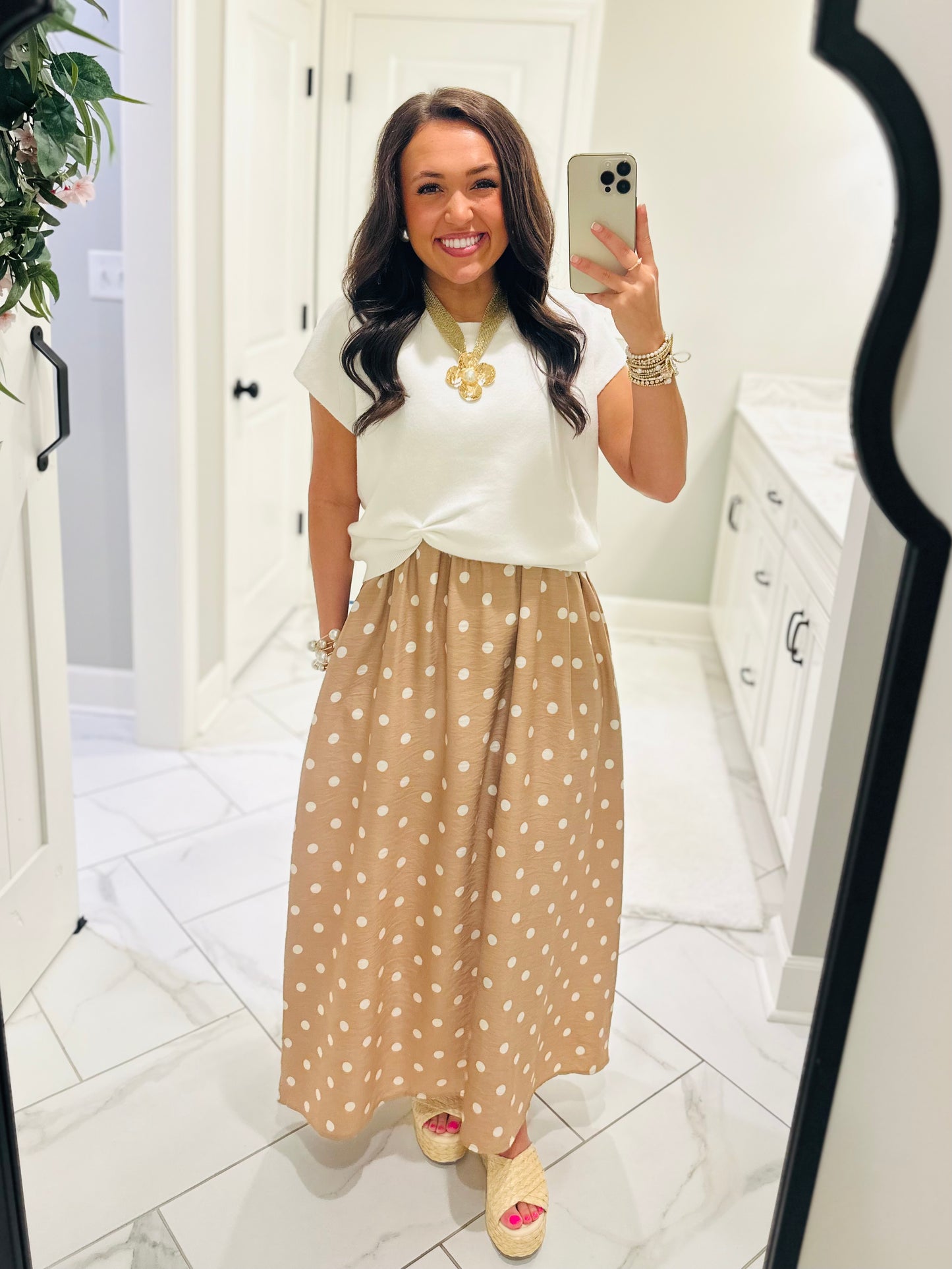 The Lennon Cream Tan Layered Polka Dot Midi Dress