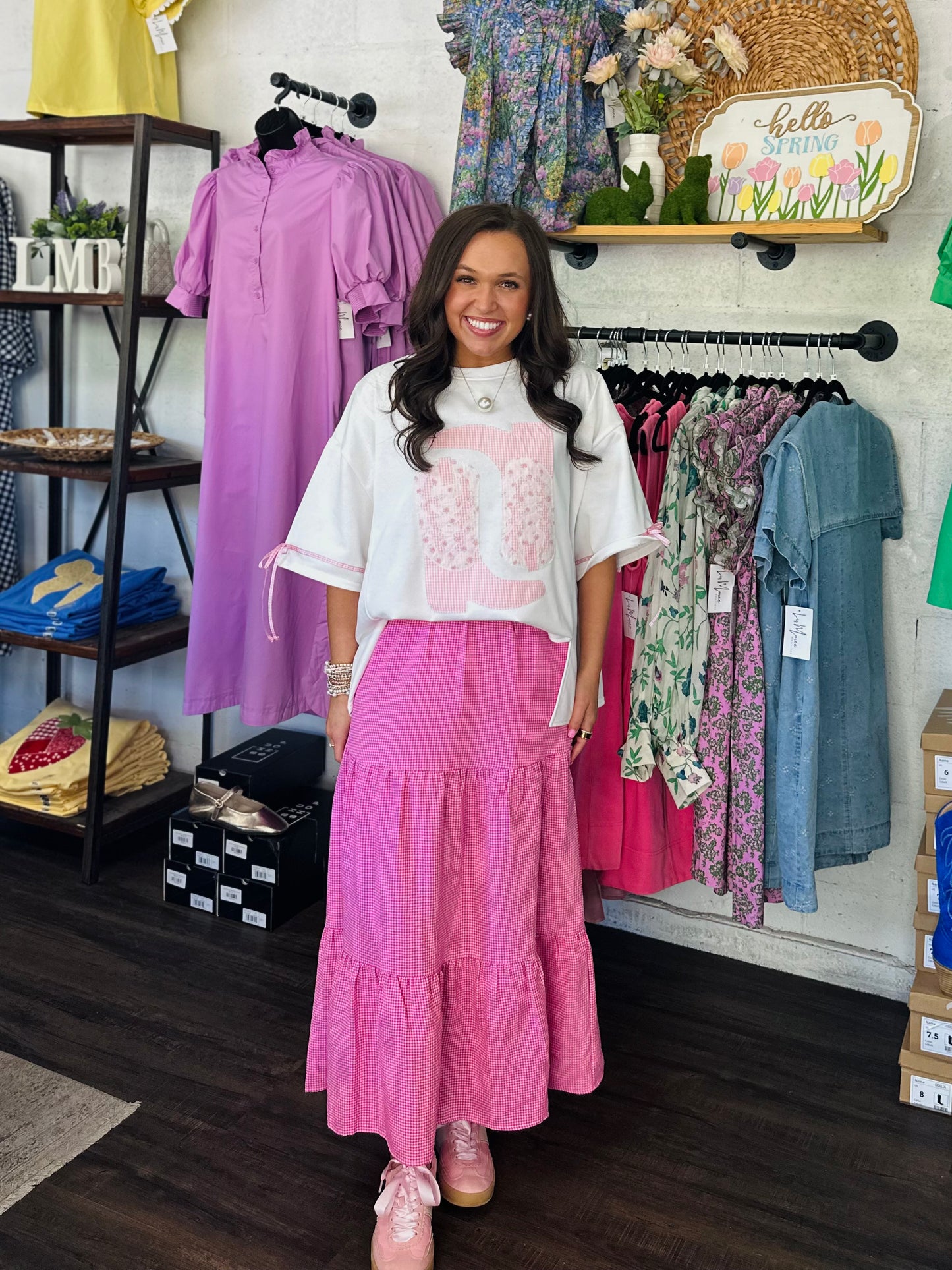 The Paisley Pink Patchwork + Gingham Cowboy Boot Tee