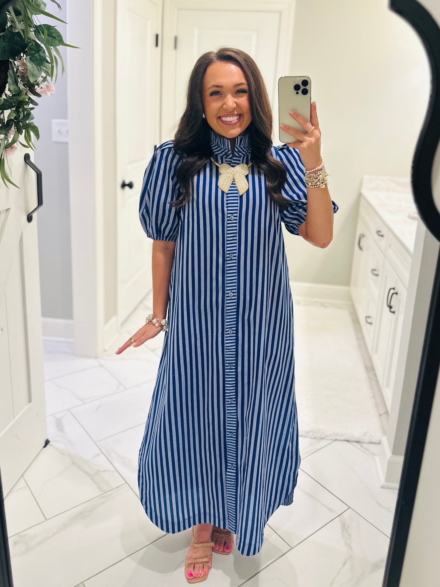 The Quinn Navy Blue Striped Midi Dress