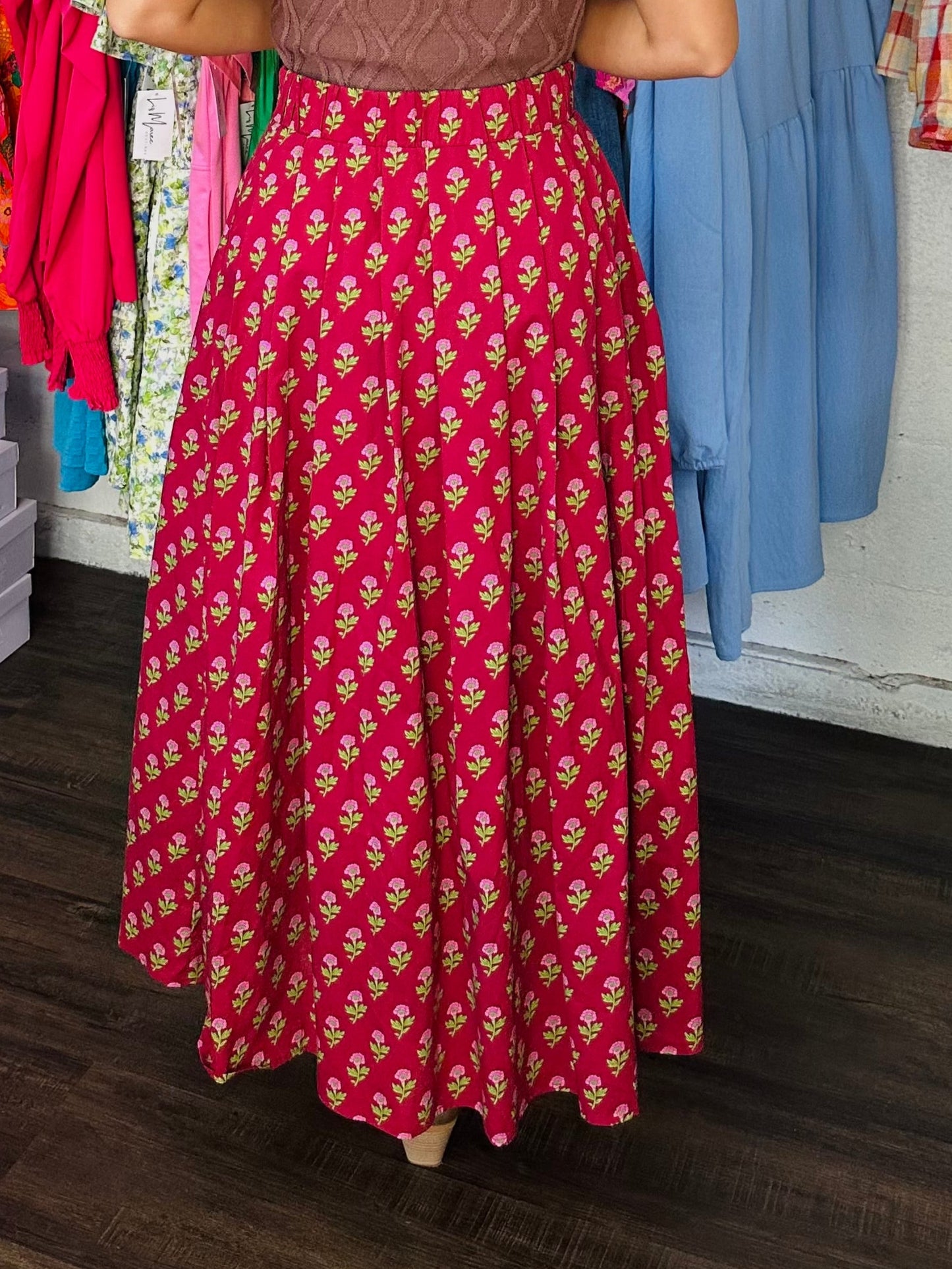 The Austin Burgundy Floral Midi Skirt