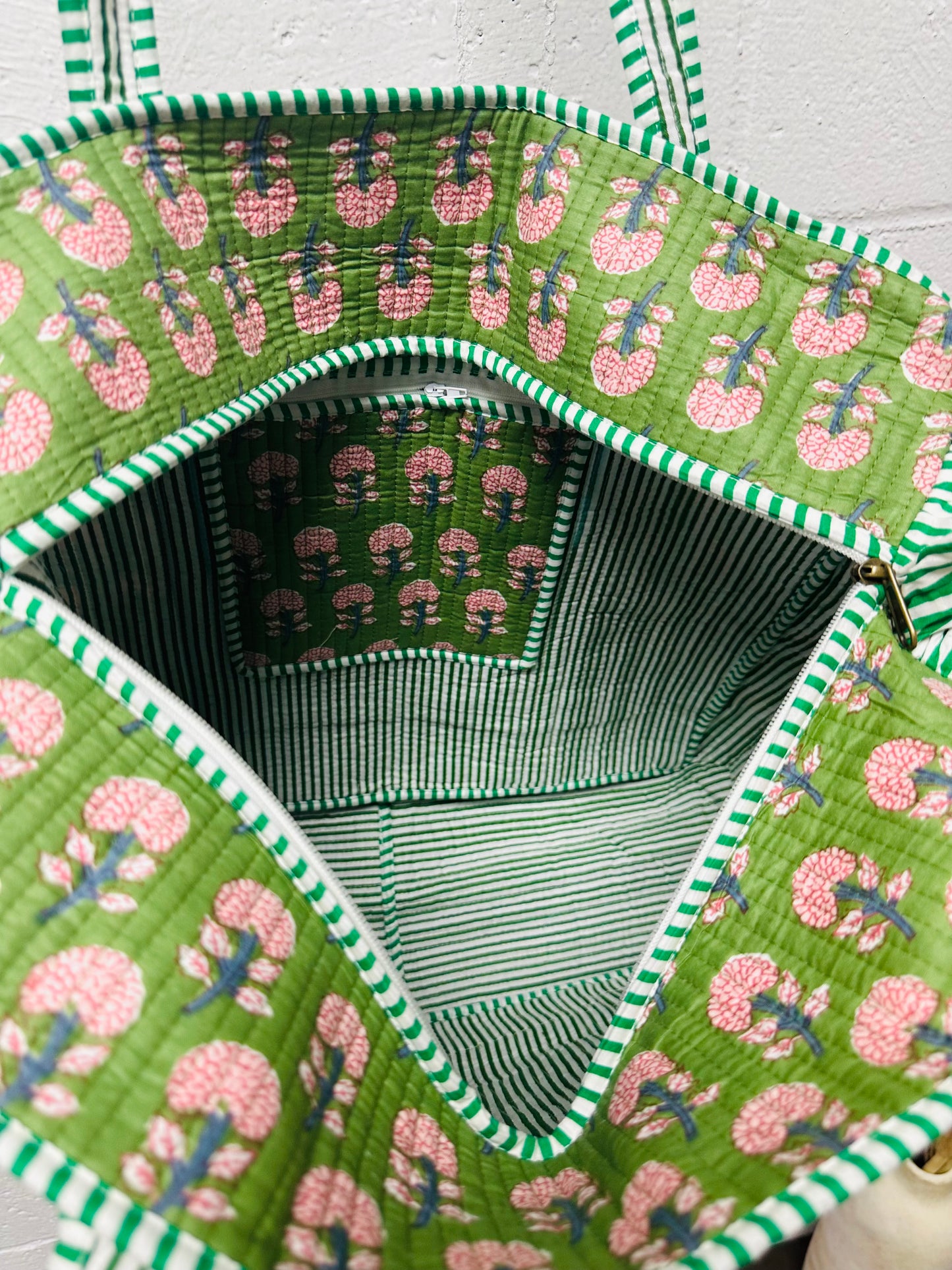 The Green Vintage Floral Ruffle Quilted Tote Bag