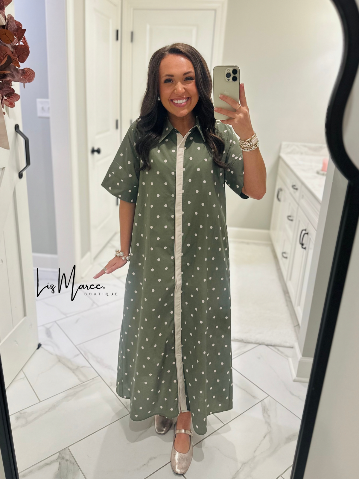 The Ruth Olive Green Polka Dot Midi Dress