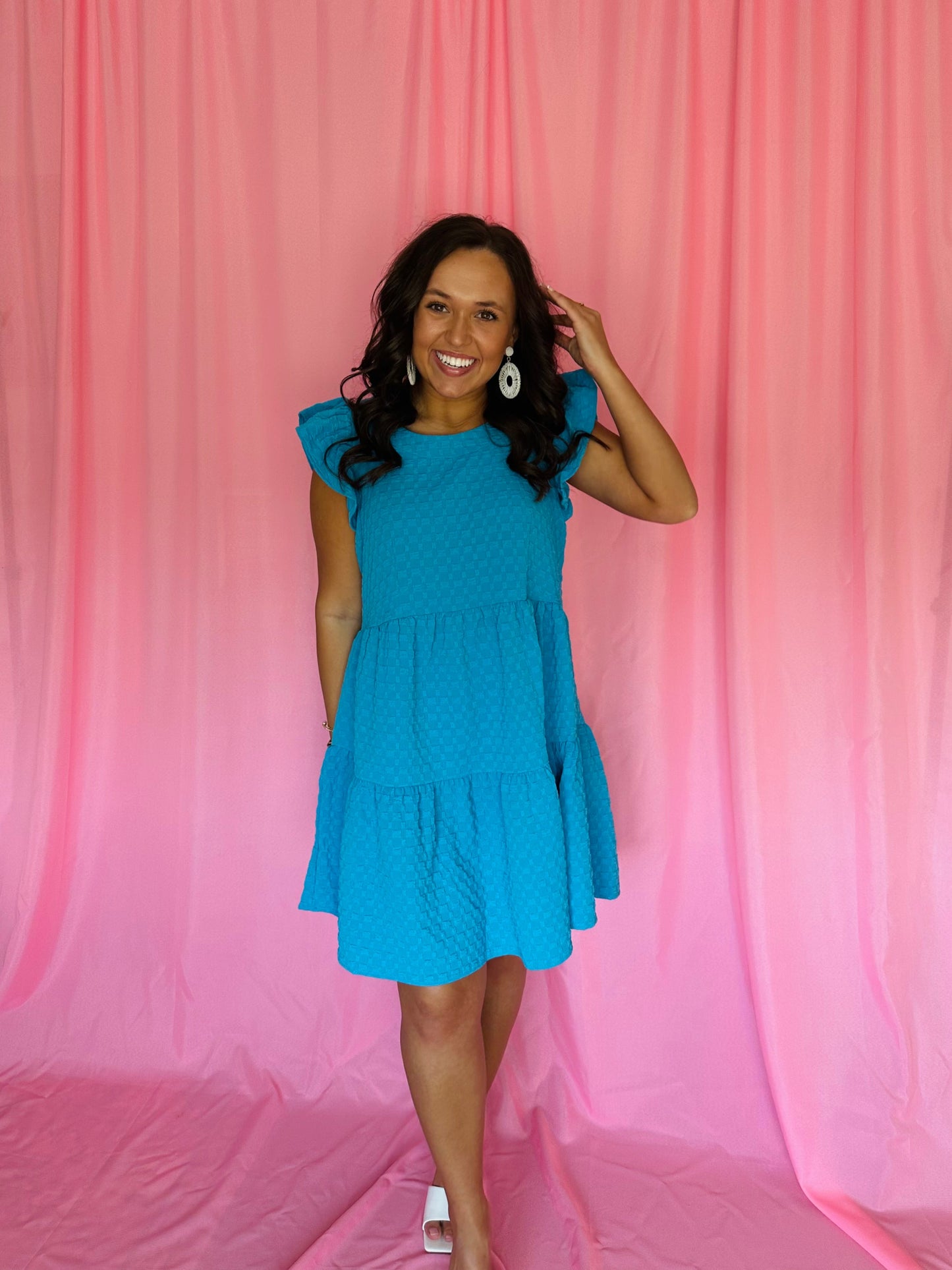 The Kodi Bright Blue Textured Tiered Swing Dress